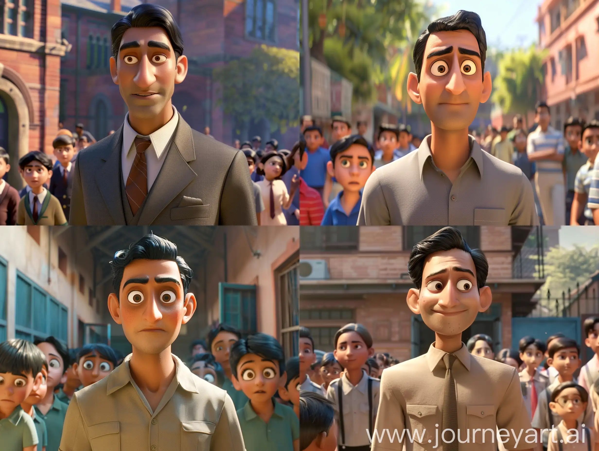 vintage 23 years old Indian man with small eyes, neatly combed hair, going to teacher's college with students, pixar animated 4k