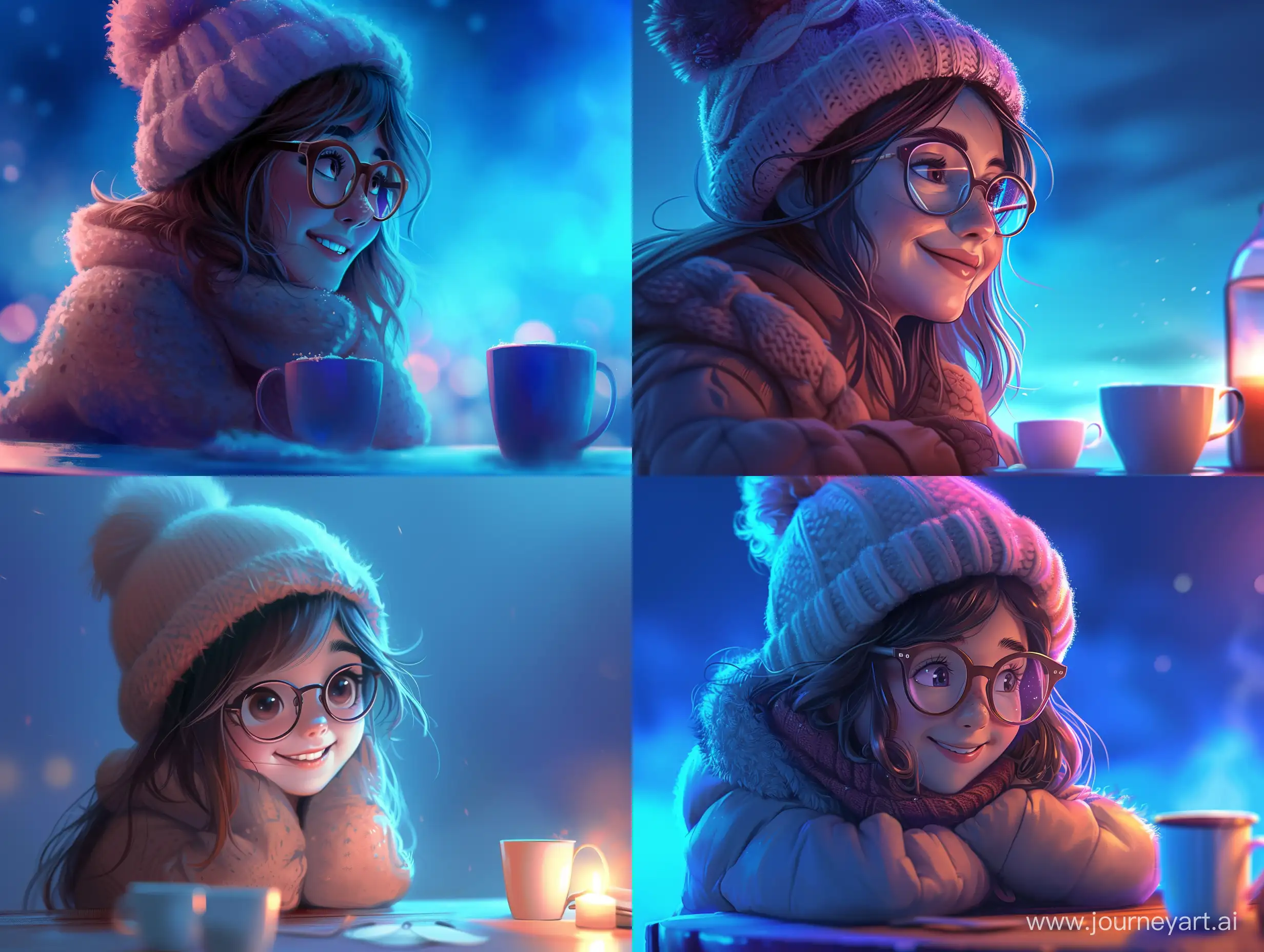 In the picture, we see a cute, sexy girl with a smile, wearing glasses and a warm winter hat. She sits half-turned and looks to the right of us. She is in a cozy setting. On the table in front of her are cups, reminiscent of the atmosphere of a cafe or a cozy evening at home. The lighting creates a soft and warm light, emphasizing the comfort of the scene. Her face is illuminated by a soft blue-pink light against the backdrop of the dark blue sky. --v 6 --ar 4:3 --no 82441