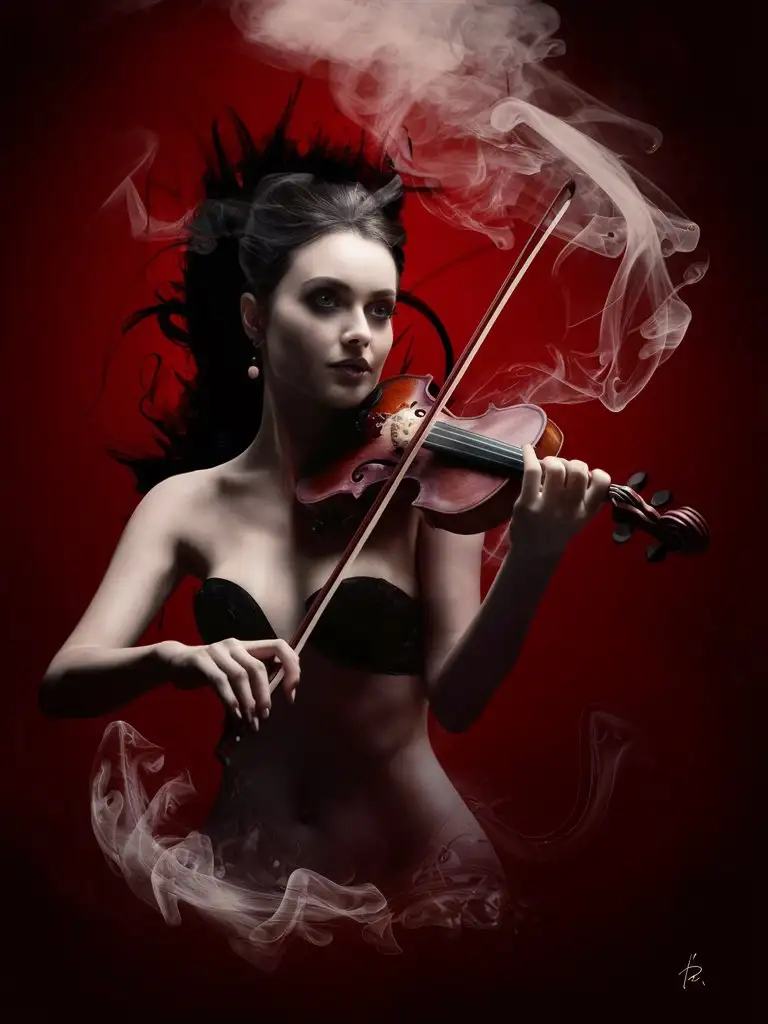 Nude Silhouette of Woman Playing Violin on Dark Red Background