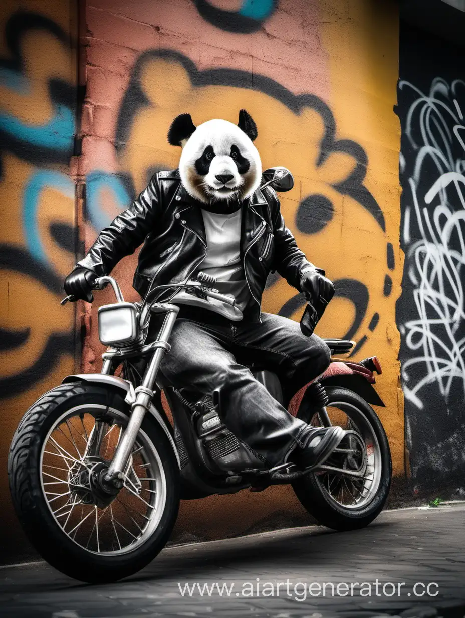 панда в кожаной куртке на байке в кепке, на заднем фоне стена с граффити
