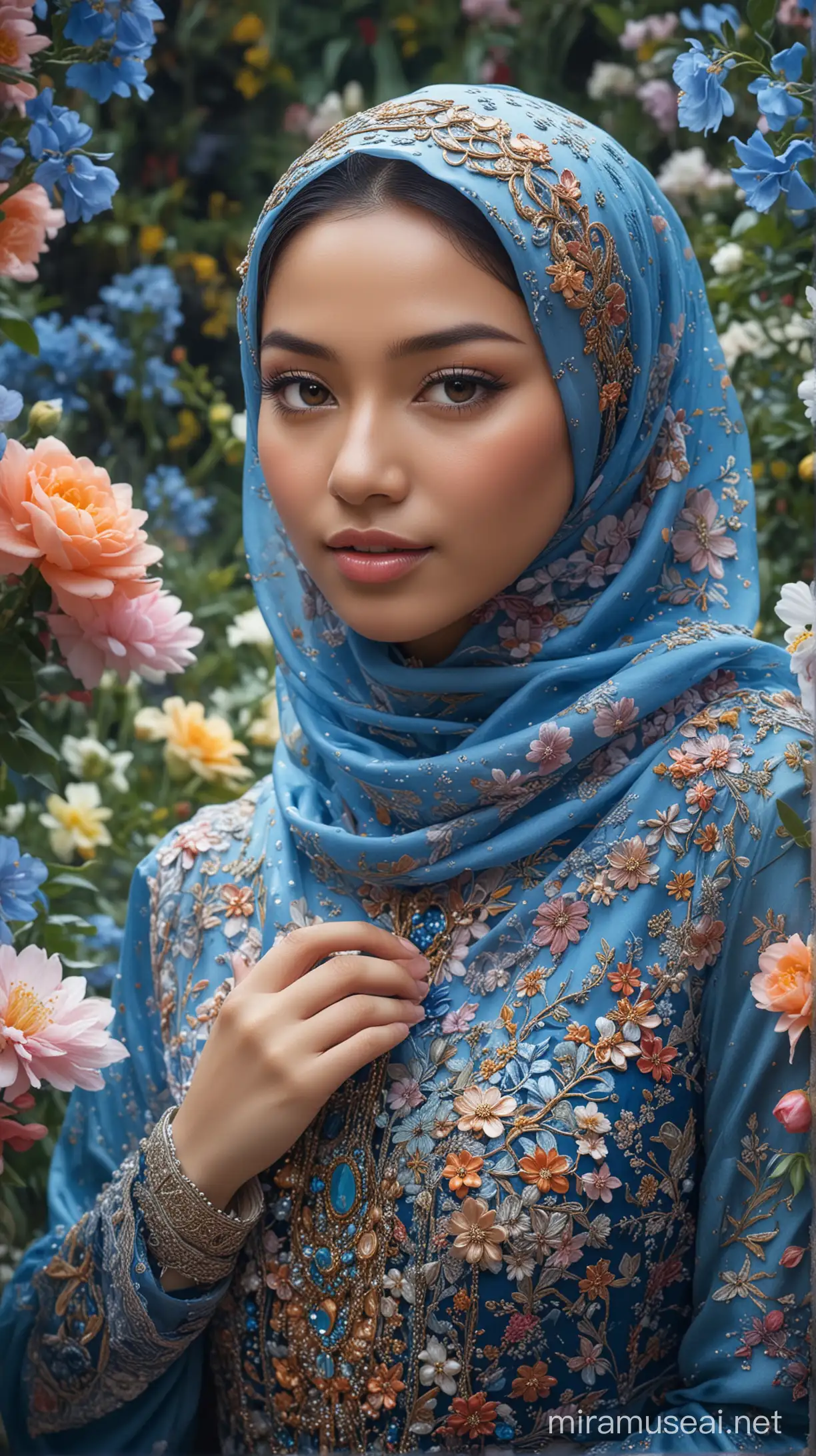 A beautiful girl from Indonesian in a detailed and colorful enviroment surrounded by flowers, wearing hijab and an elegan blue dress with intricate design, adorned with detailed jewelry, holding a Blooming flower delicately, with various types blossoming flowers creating an enchanting atmosphere, and an ethereal glow surrounding flowers.