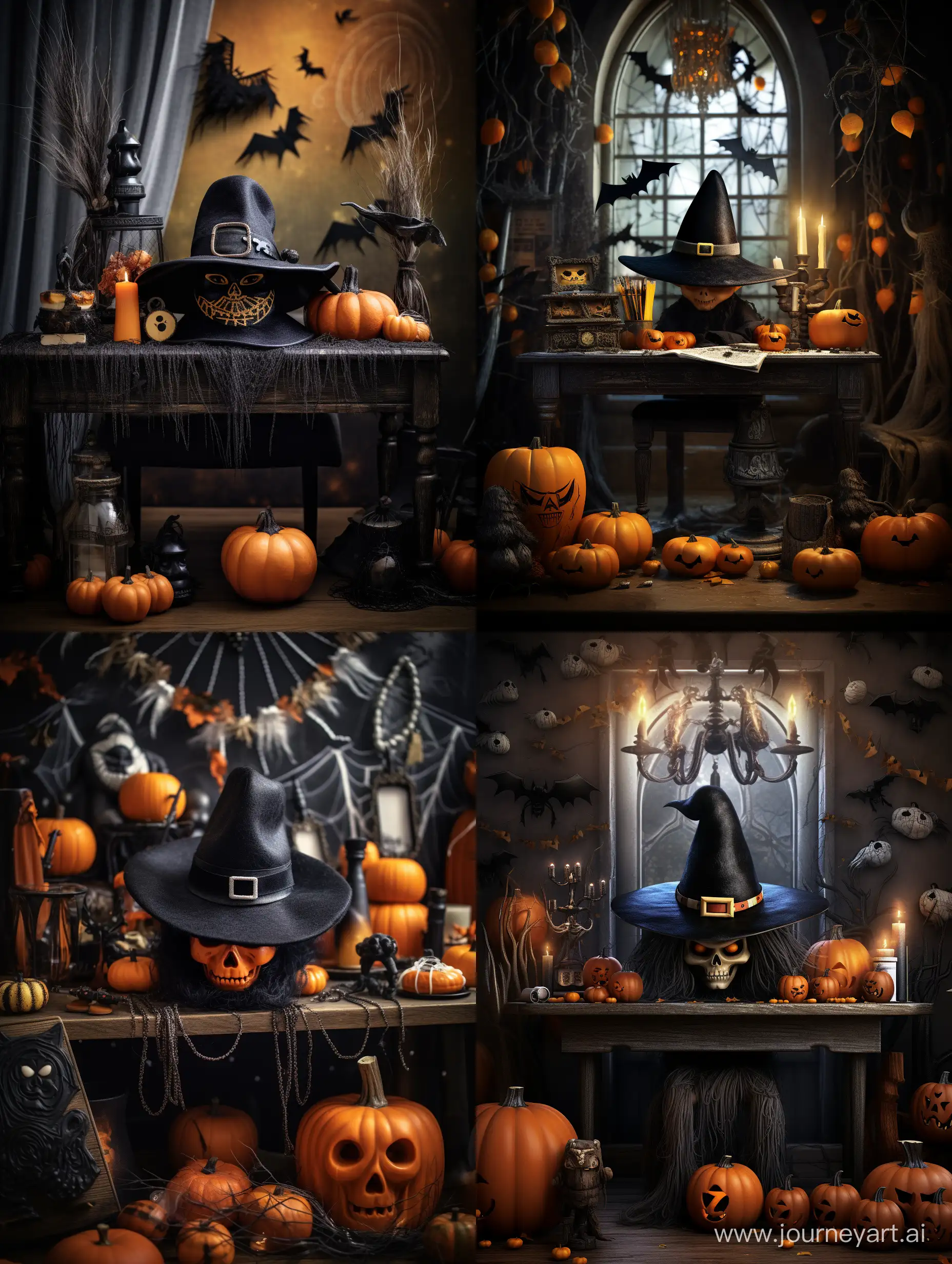 halloween theme, witch hat on the desk, around halloween toys and pumpkins