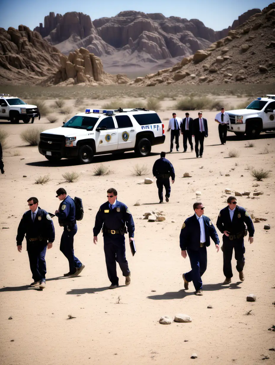 10 FBI Agents in desert, midday sun, 