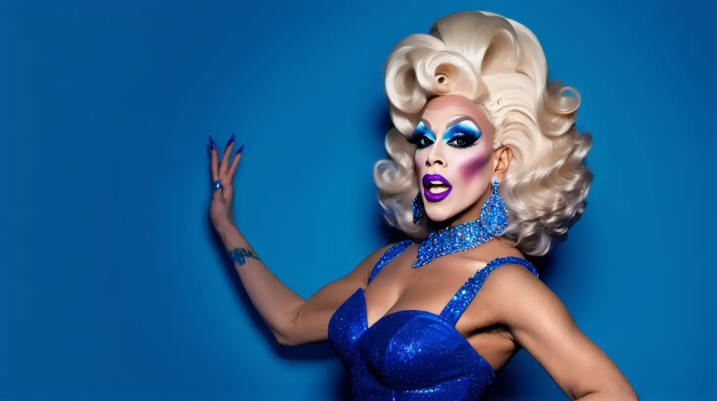 a drag queen in a blue dress, blue background