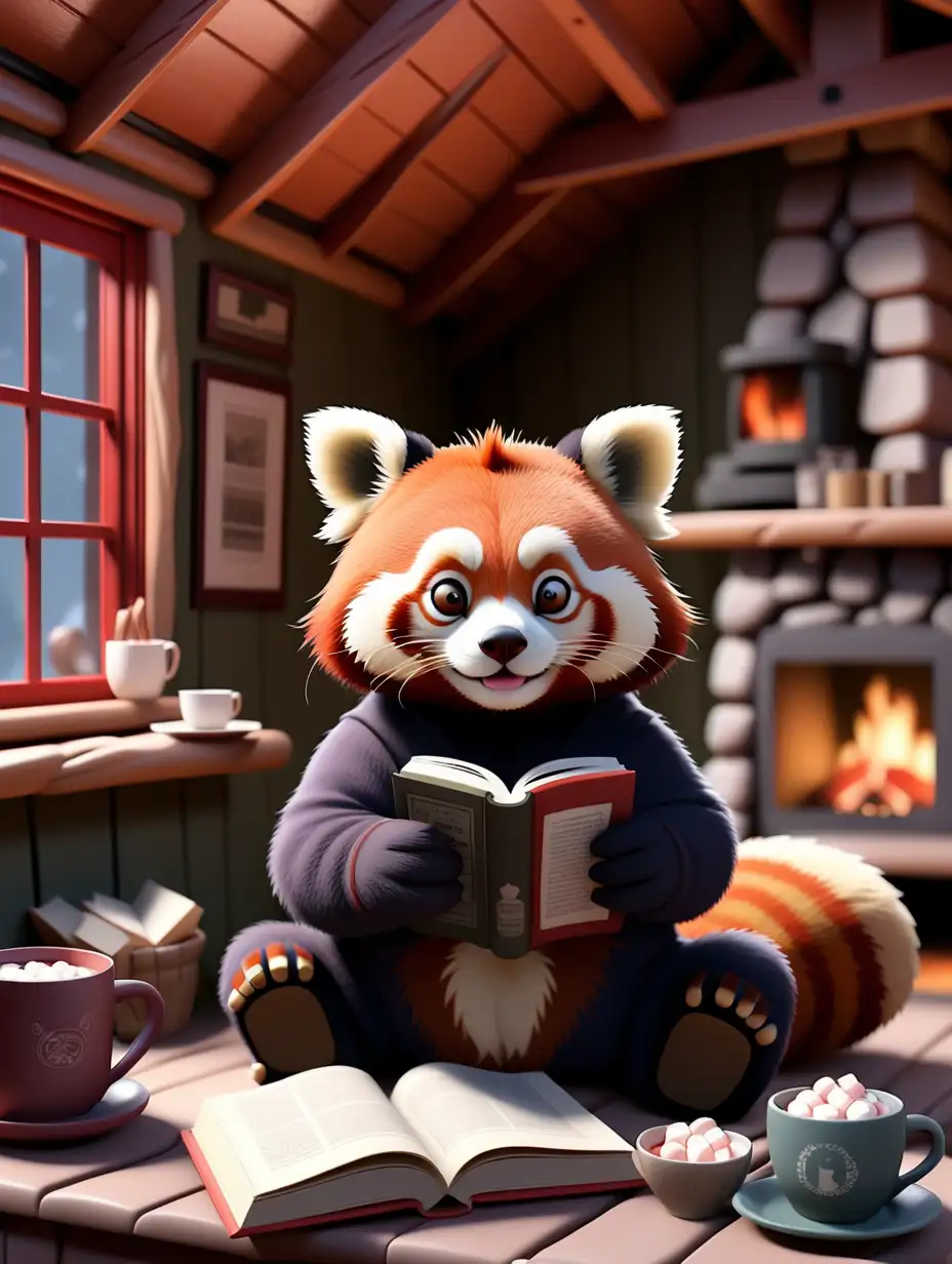A cute red panda drinking hot chocolate inside of a cozy cabin with a fireplace while reading a book.