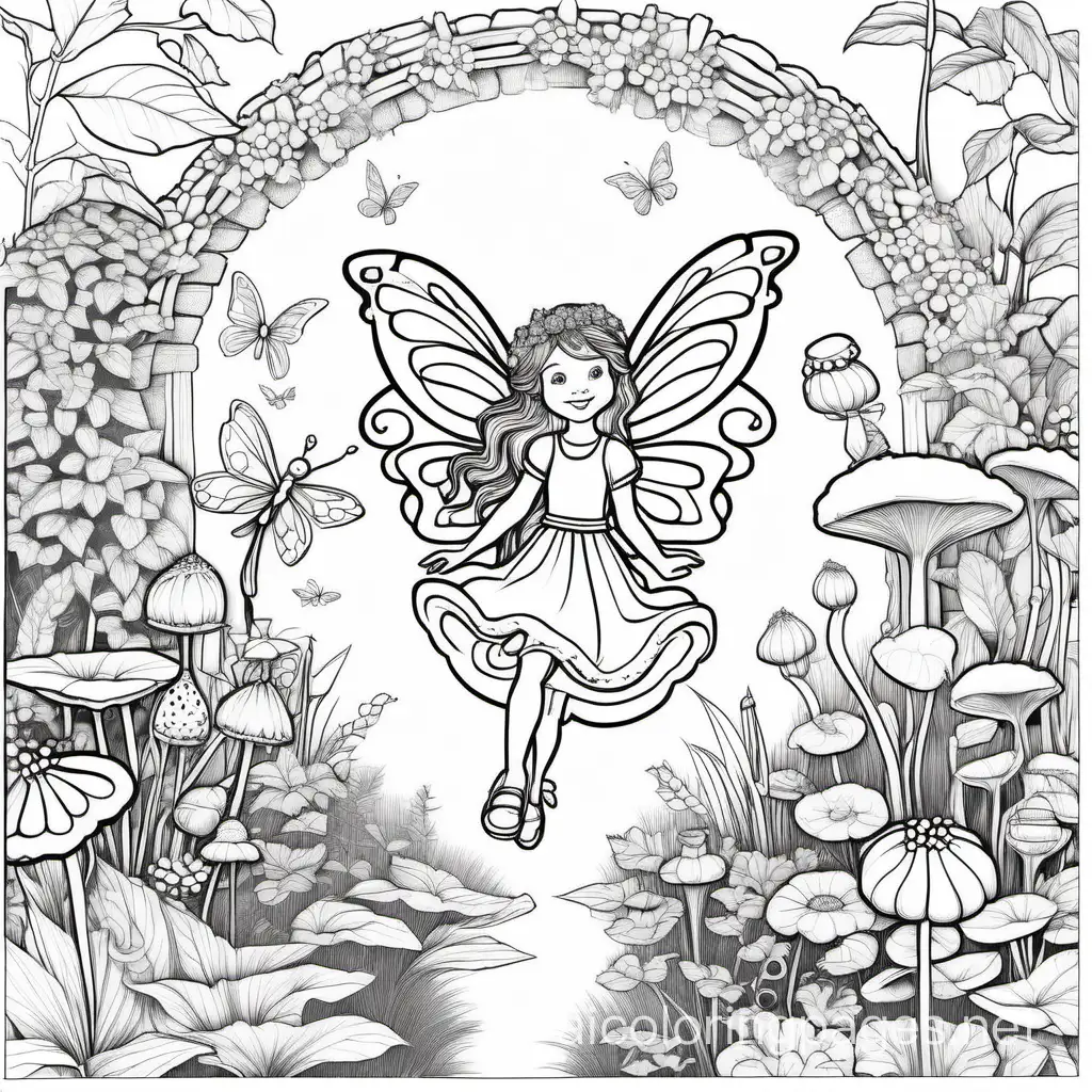 fairy flying in a fairy garden, Coloring Page, black and white, line art, white background, Simplicity, Ample White Space. The background of the coloring page is plain white to make it easy for young children to color within the lines. The outlines of all the subjects are easy to distinguish, making it simple for kids to color without too much difficulty