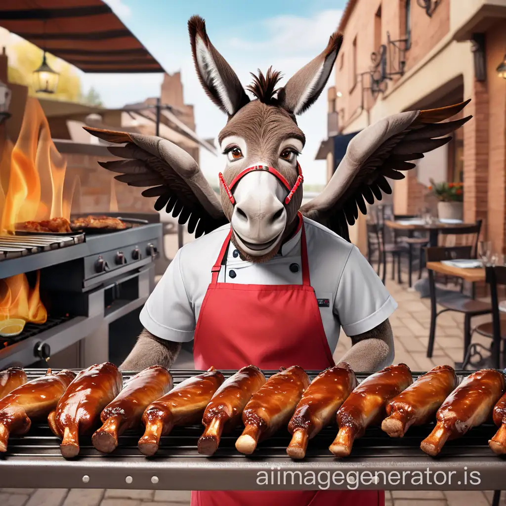 donkey with wings preparing barbecue wings with restaurant background
