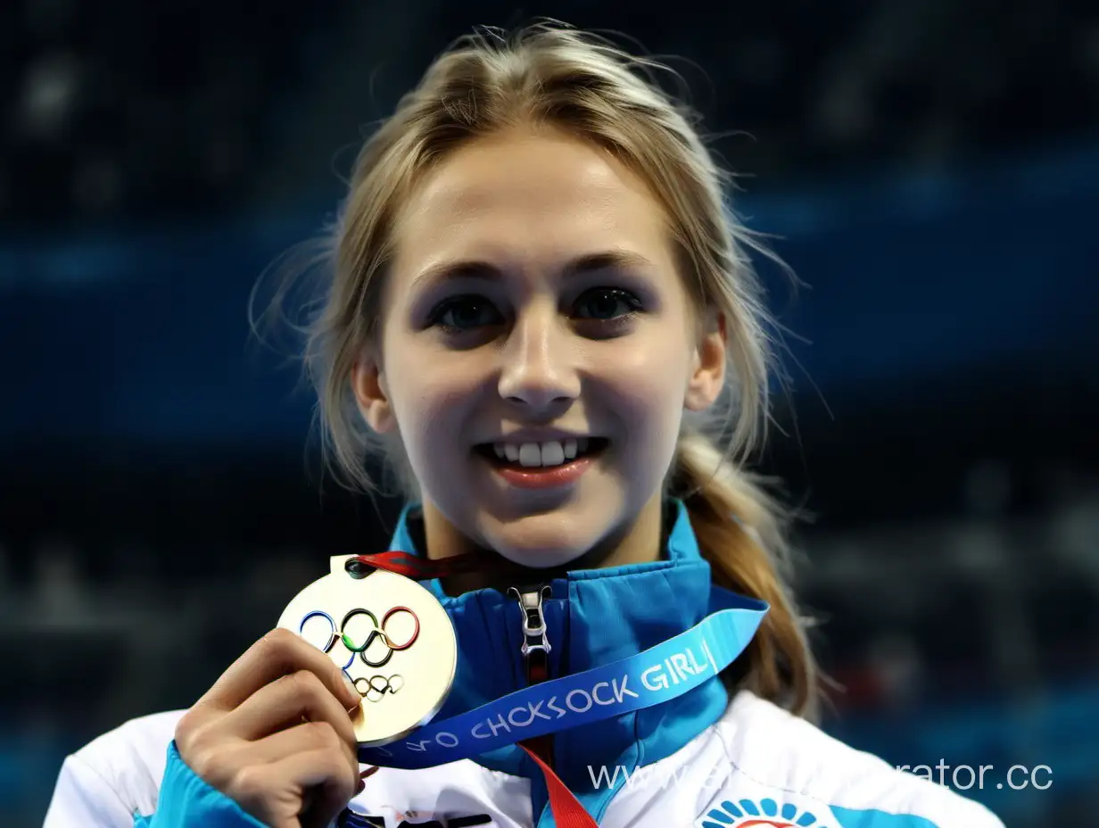 Olympic girl in Sochi is awarded a medal at the stadium