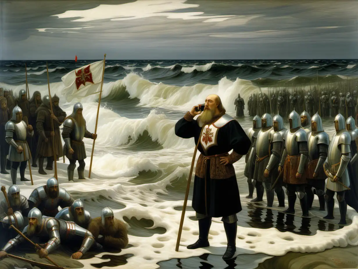 style by Vasnetsov.The Russian hero of the 15th century is standing in the sea talking on a mobile phone, behind him in the background 30 knights are standing in waist-deep water in an even formation