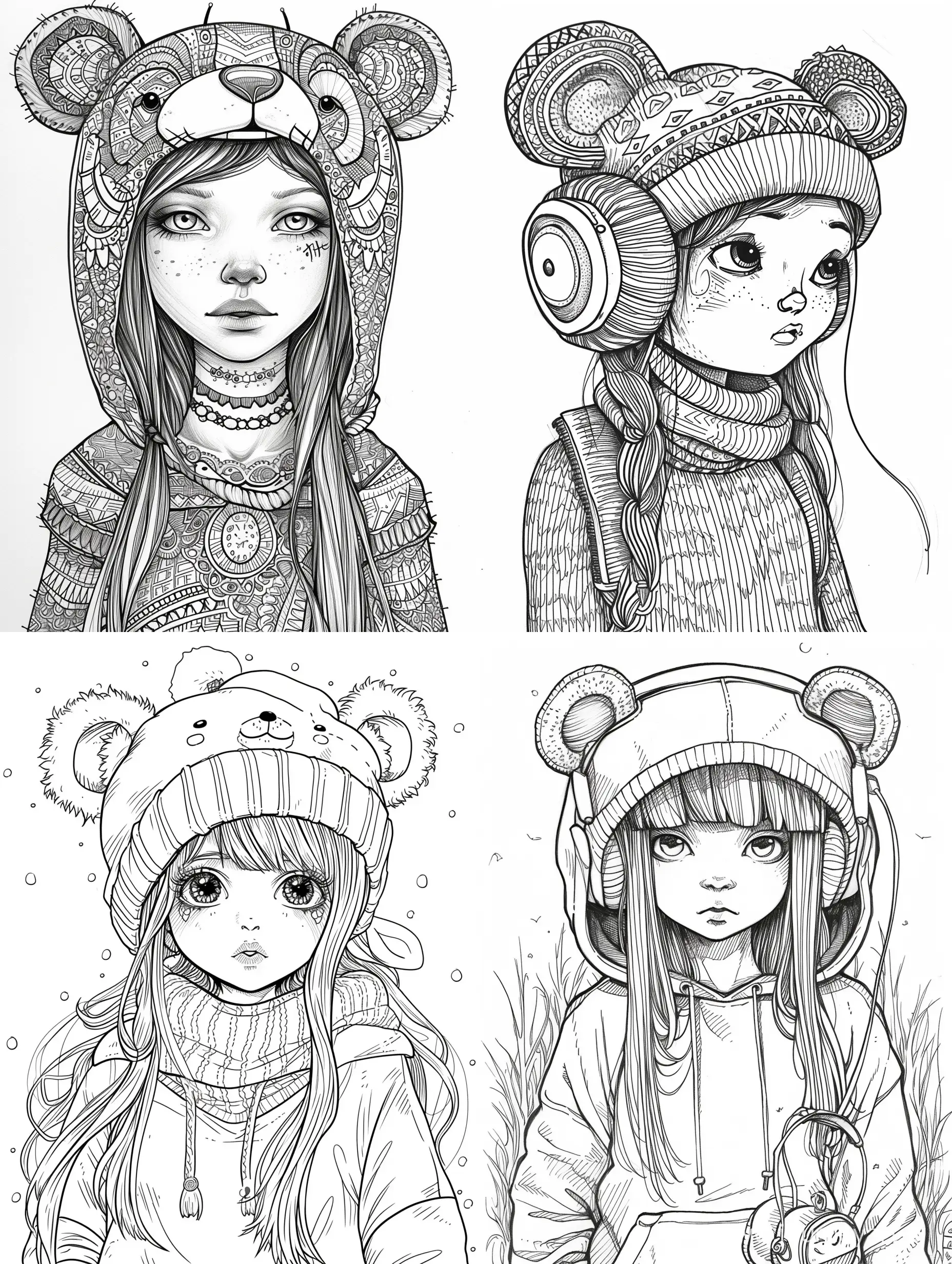 Adorable-BearbrickjiaStyle-Girl-in-Black-and-White-Coloring-Book-Illustration