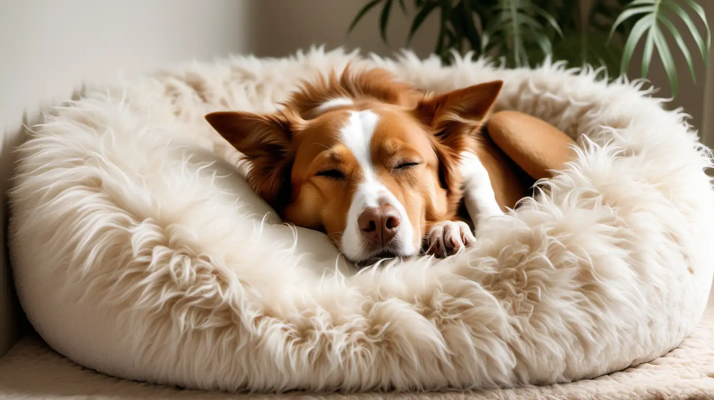 A dog comfortably  snoozing in a soft fluffy dog bed. The house where the dog lives looks high-end, and expensive, like a wealthy family is living there. The dog color is white. The dominant colors of the image shall be muted browns, beiges, and forest greens. The dog looks contented and relaxed. The general mood of the picture shall be relaxation, calmness, and happiness.