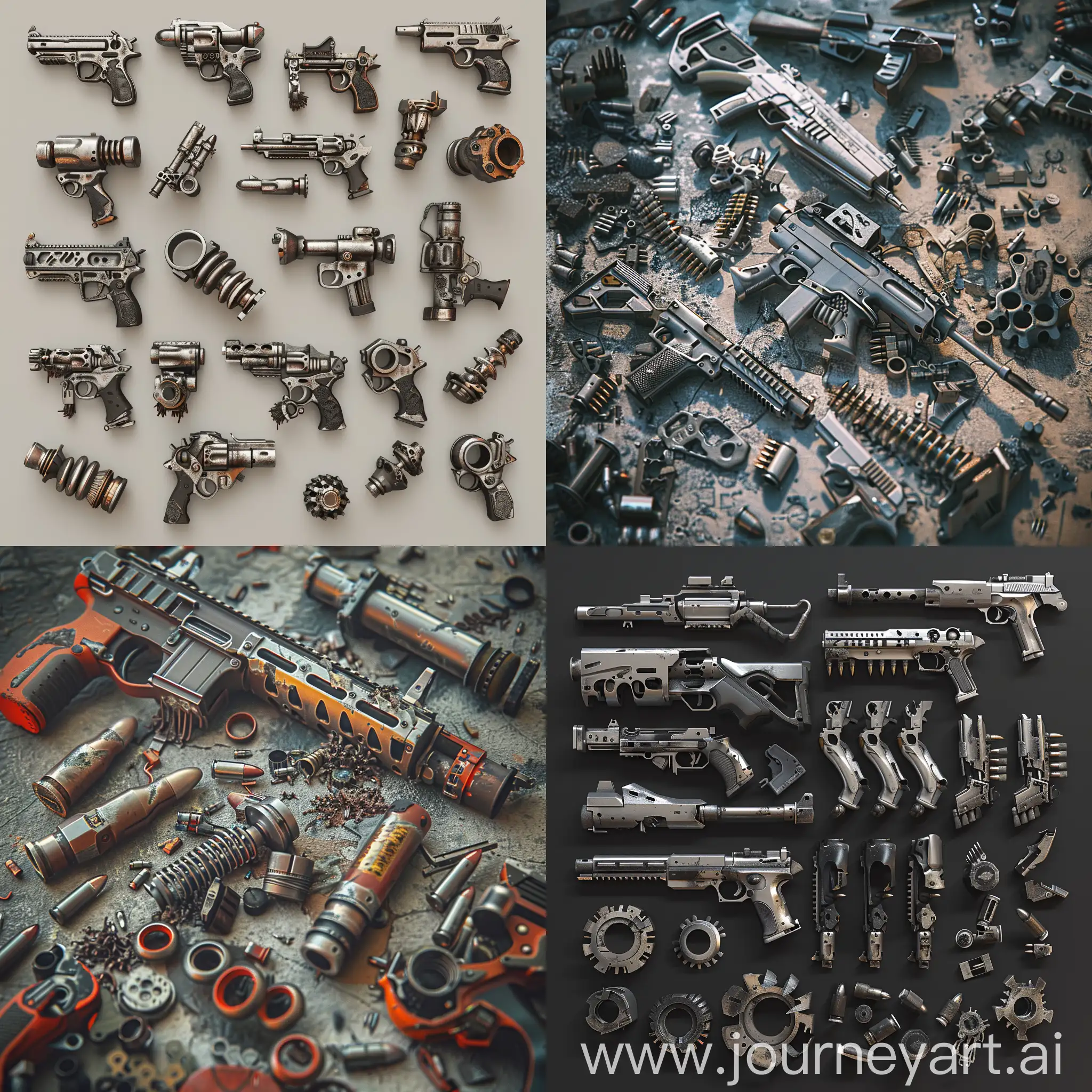 https://i.imgur.com/Z0NW0sA.png realistic photo of isometric set of disassembled gun parts scrap metal bunches worn in style of unreal engine 5 realistic 3d game asset, isometric set, orthographic projection  --no cartoon, anime, minimalistic  --chaos 15