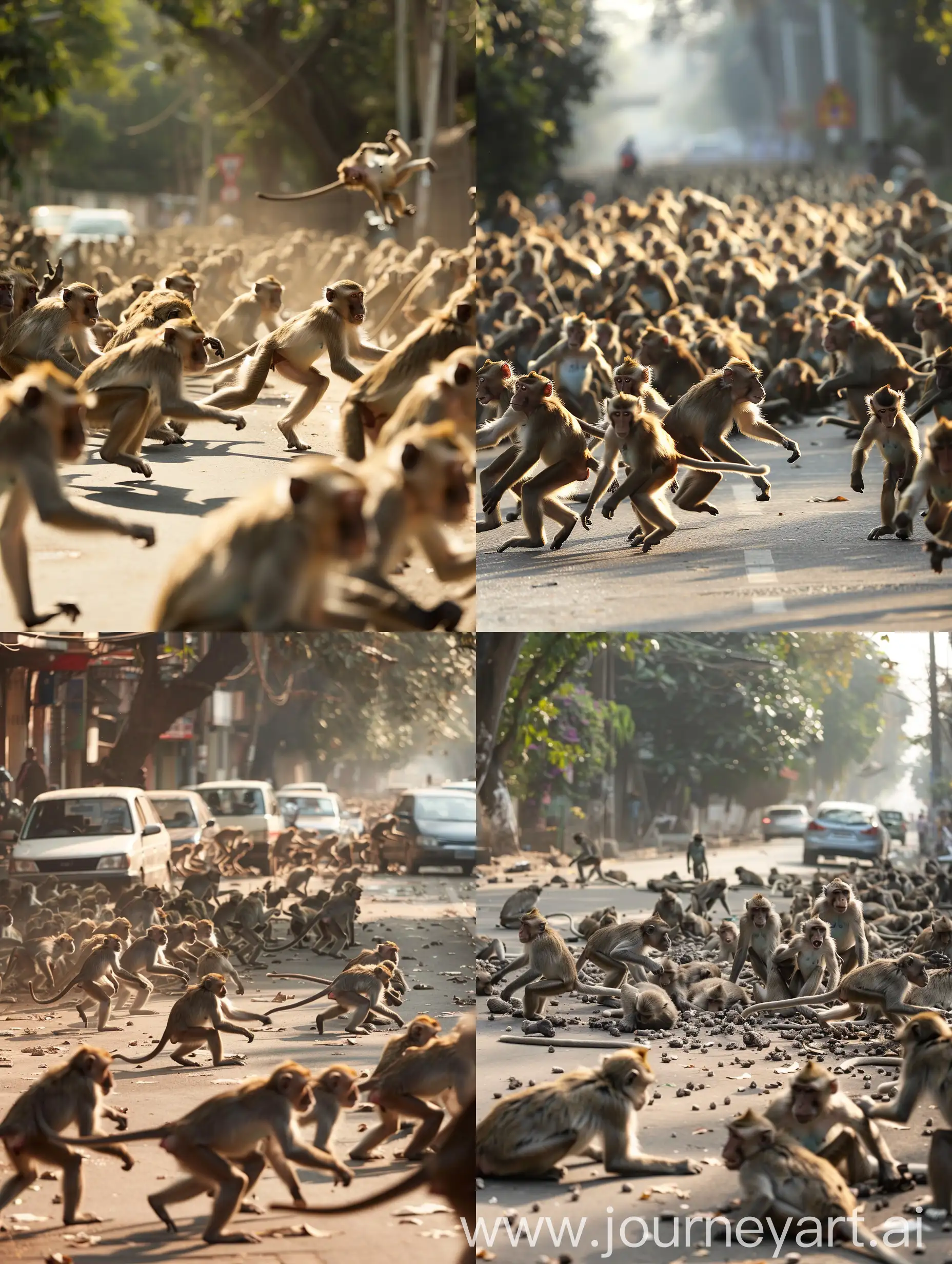 Huge troop of monkeys fighting for control on the street in the noon heat.