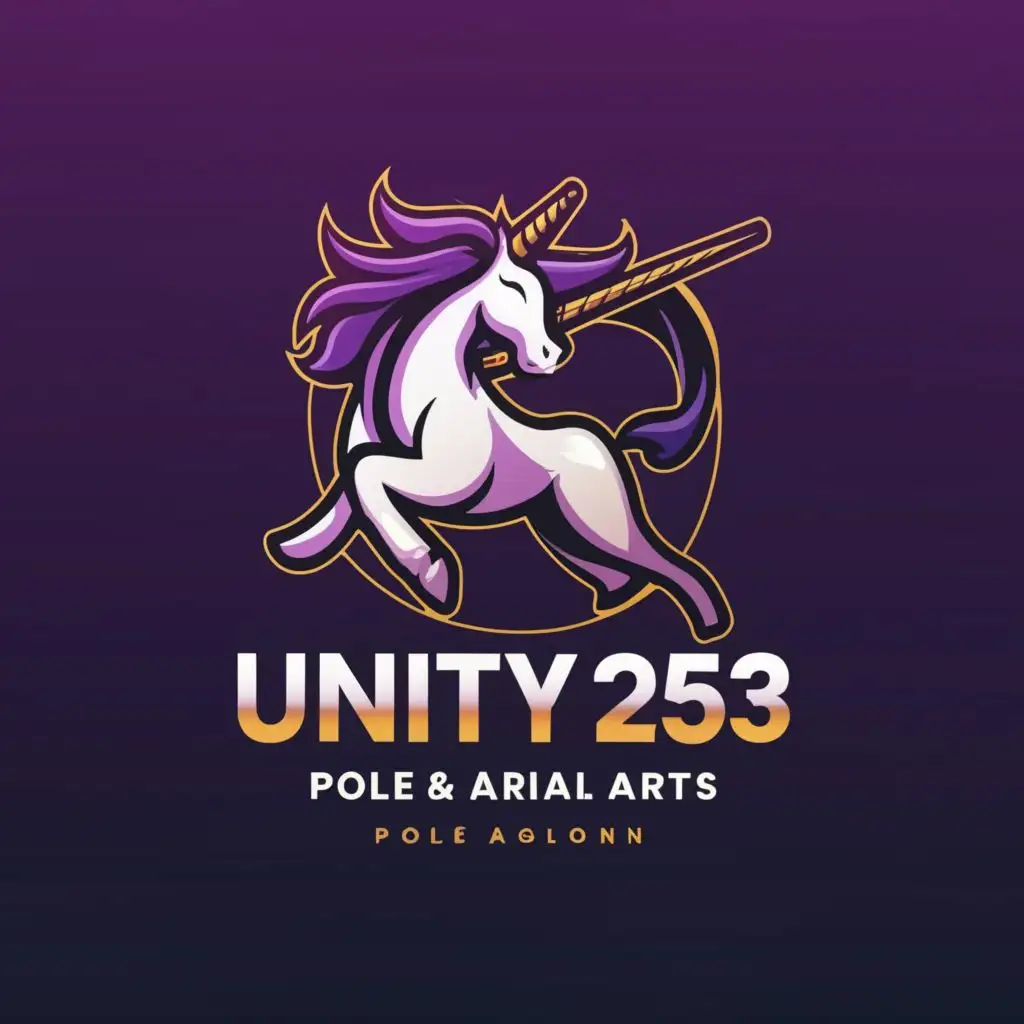 a logo design, with the text "Unity 253 Pole and Aerial Arts", main symbol: unicorn teal and purple, minimalistic be used in Sports Fitness industry, clear background (no stars) with pole