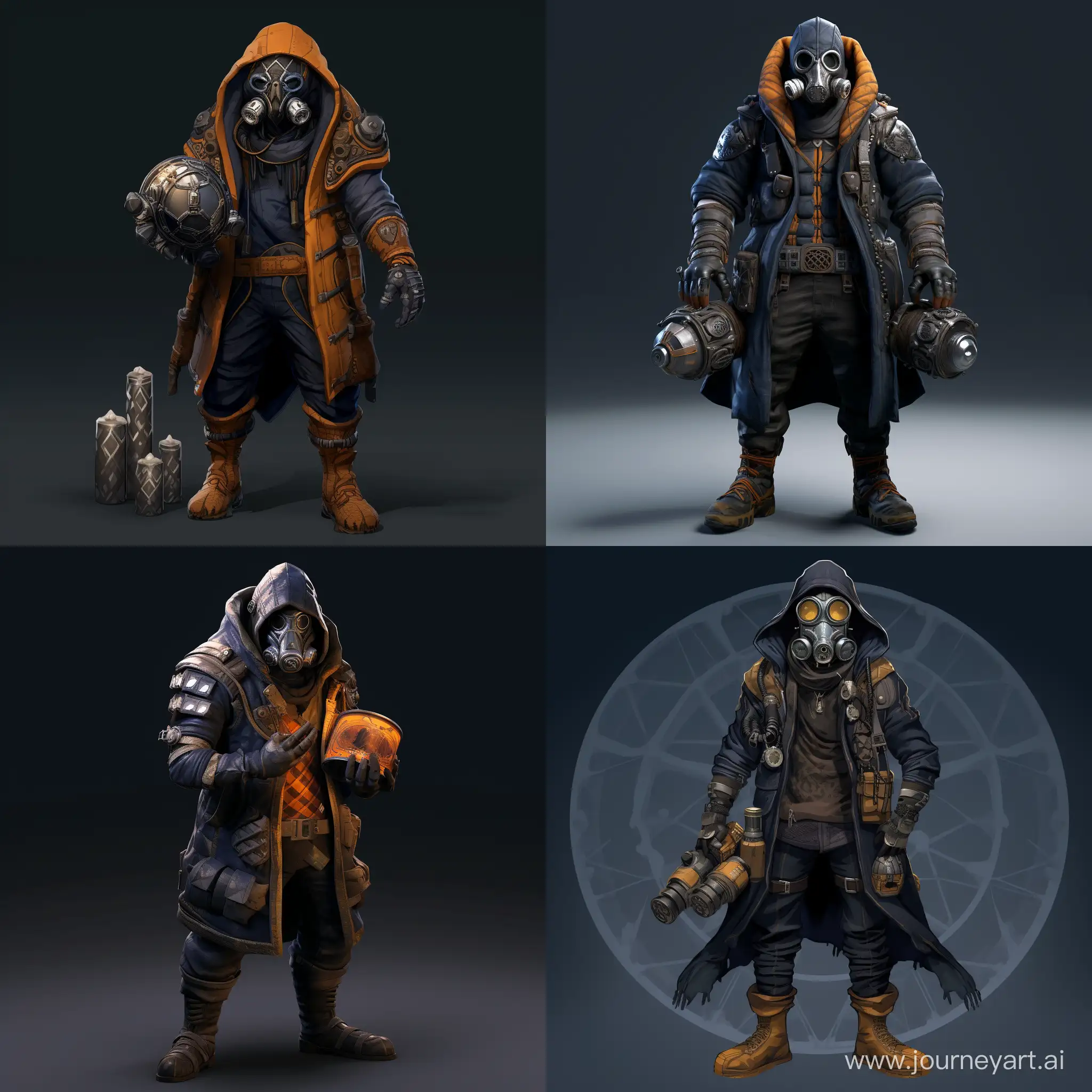 Full-length photorealism. Engineer-scientist of strong build. He is wearing a gas mask with a double filter and amber lenses. Dressed in a dark blue warm jacket with a hood with a fur trim and dark blue jeans. Wears gray gloves and black combat boots. He holds a sphere in his hands, on the surface of which complex patterns are located, and the patterns also glow with blue light.