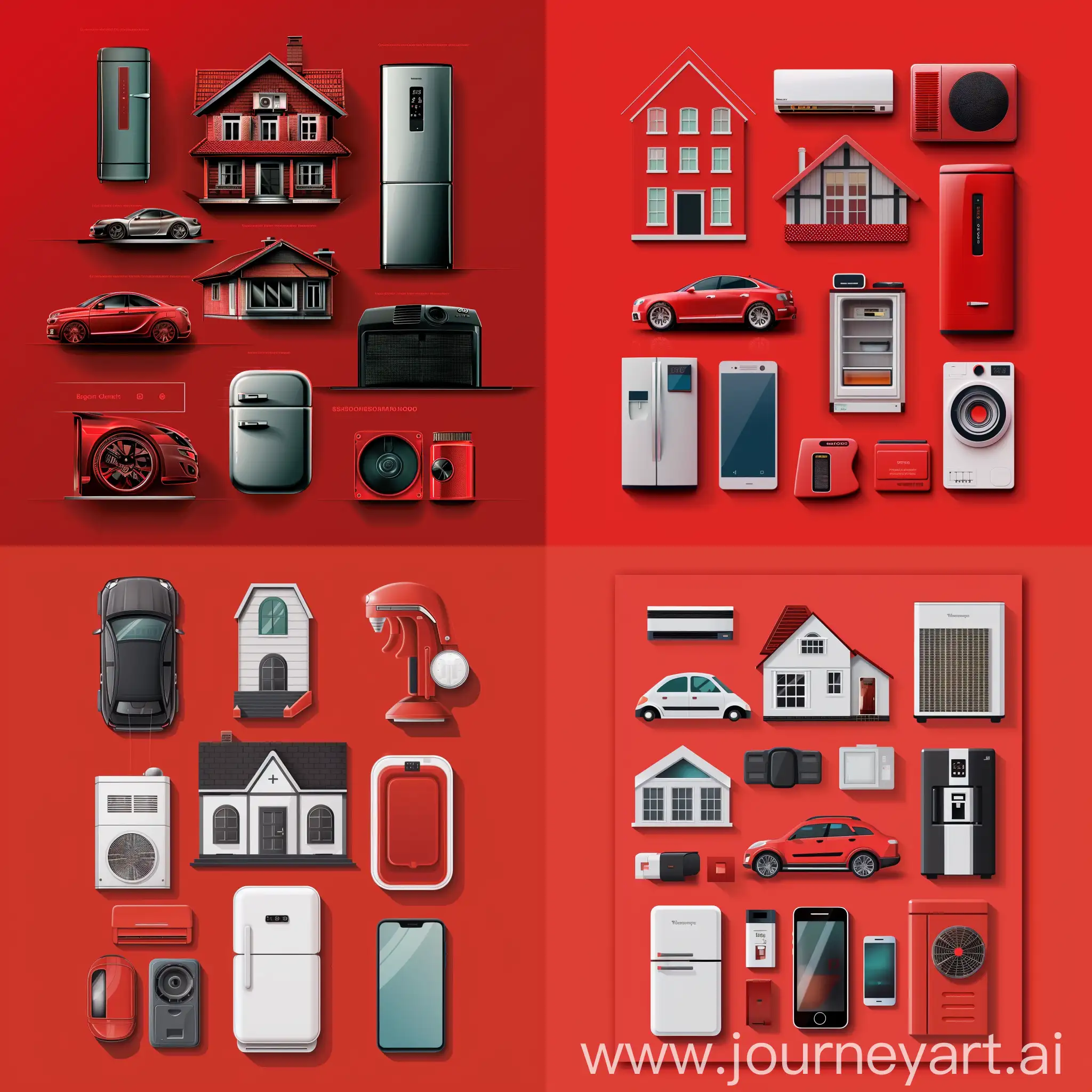  [Image of a red background with a dynamic avatar design for a Telegram channel promoting an online market, featuring essential home appliances and items]  The avatar features:  A collage-style composition showcasing various essential items commonly found in a home: a house, a car, a smartphone, a refrigerator door, and an air conditioner. Each item is intricately detailed to provide a realistic representation, enhancing the visual appeal. The items are arranged in a balanced manner, creating a cohesive and visually engaging design. Vibrant red background serves as a bold backdrop, catching the viewer's attention and reinforcing the brand identity. Clear and legible text overlay with the channel name, ensuring easy recognition. This avatar effectively communicates the breadth of products available on the Telegram channel, ranging from home appliances to personal gadgets, enticing users to explore its offerings for their diverse needs.