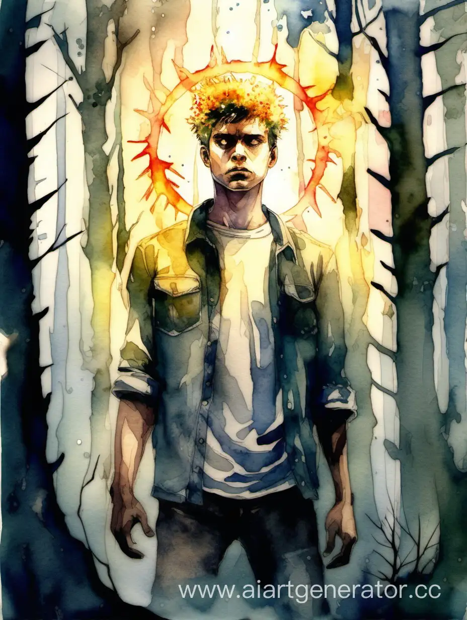 A young man with a halo around his head. He embodies the vice of "Anger." It stands in the forest, there is a lot of light and glare. Watercolor style