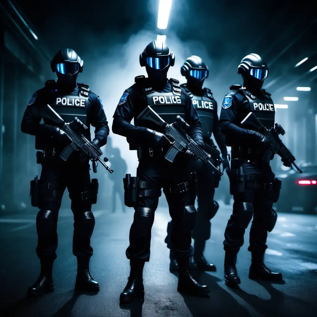 A five man squad of police officers, futuristic gear, black outfits, at night, dark ambiet lighting, realistic