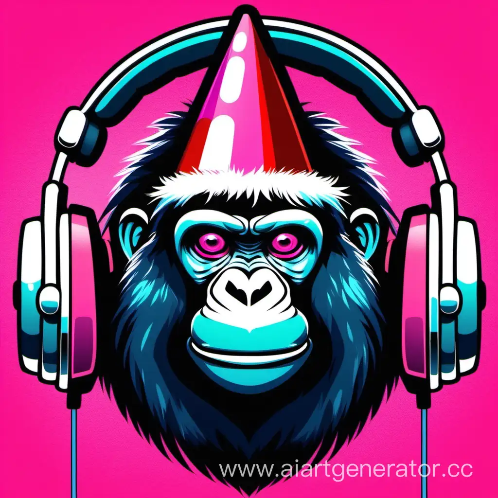 a gorilla tag picture with a pink monkey wearing a party hat and a face mask and a red monkey wearing headphones