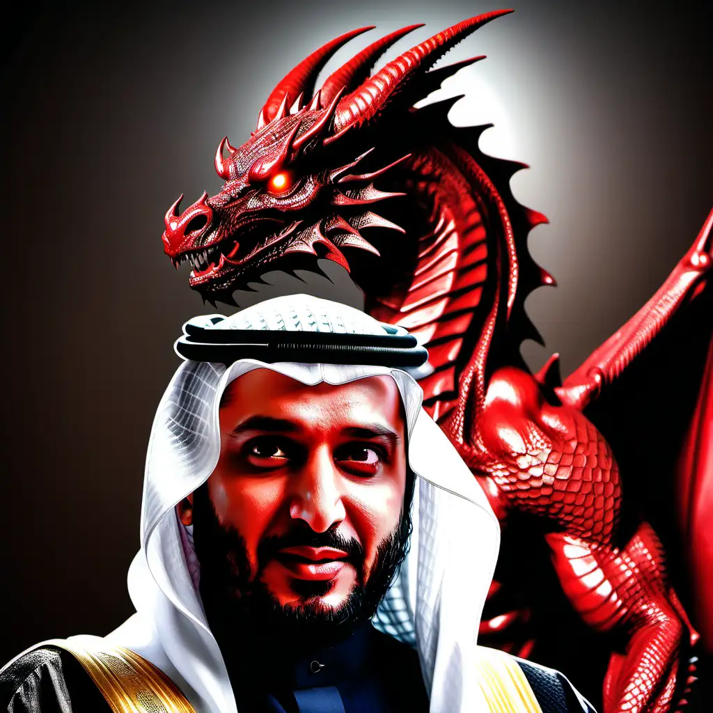 evil demonic red dragon standing behind mohammed bin salman with red eyes

