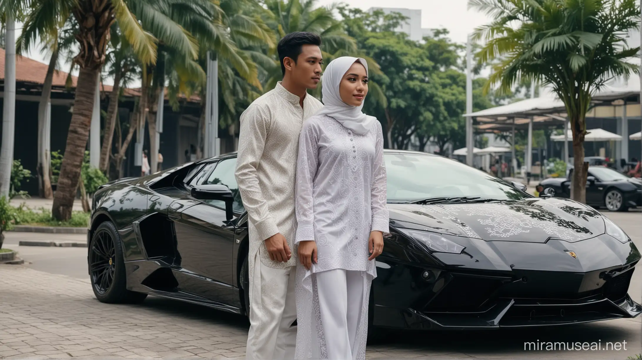 Modern Indonesian Fashion Man in Batik Shirt and Girl in Hijab near Lamborghini