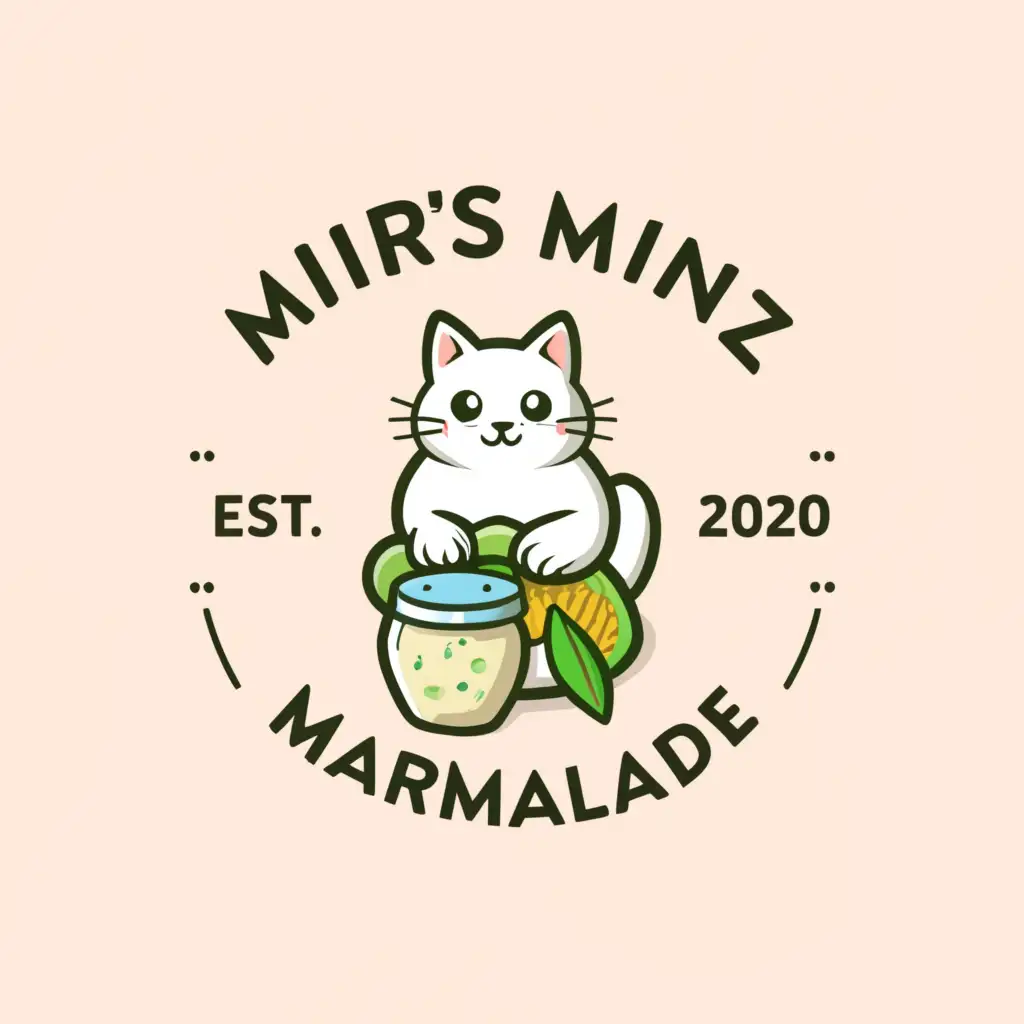 a logo design,with the text "Miris Minz Marmelade", main symbol:white cat making mint marmelade,Moderate,clear background