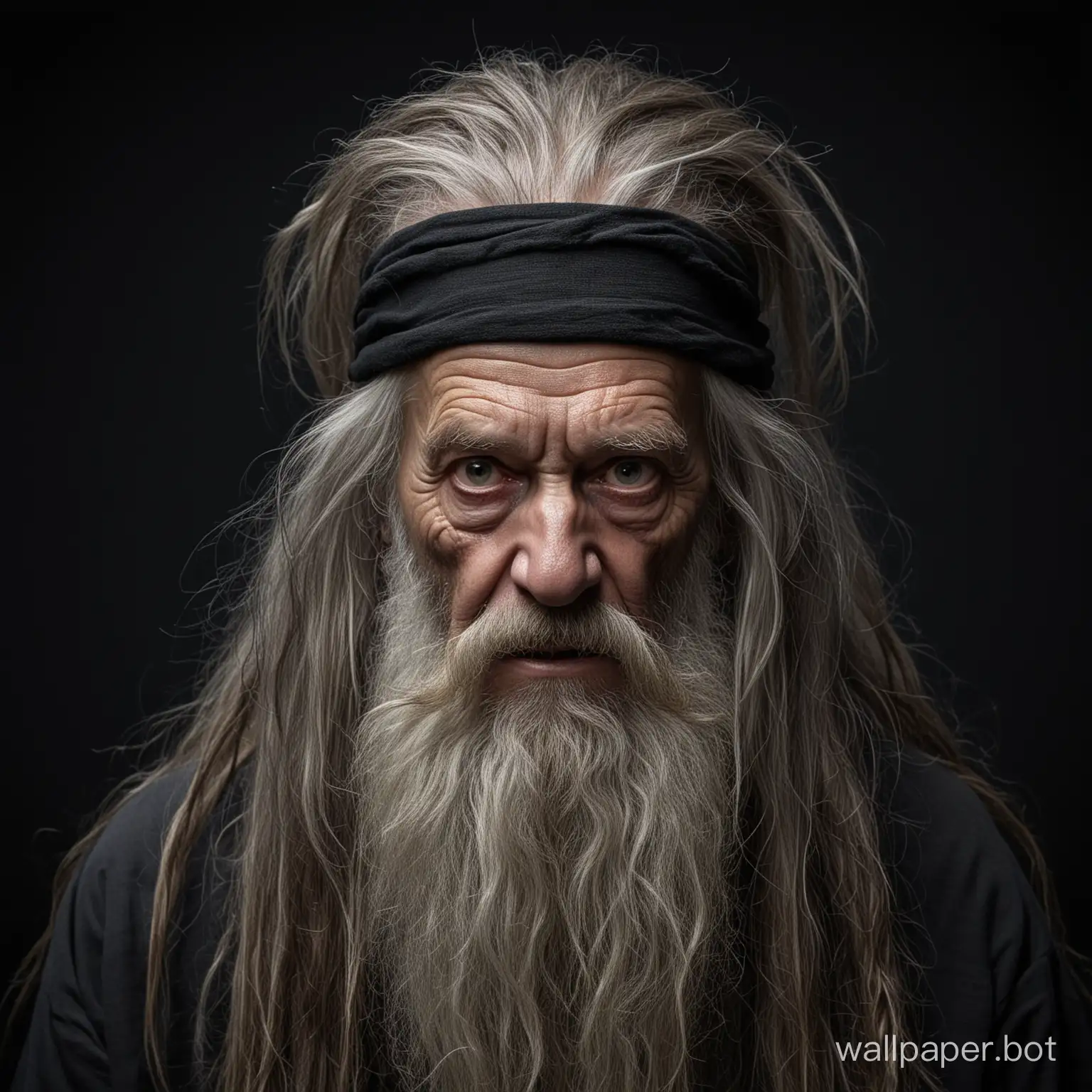 The small, horrible, terrifying, ugly fantasy old man with long hair and a long beard on a black background.