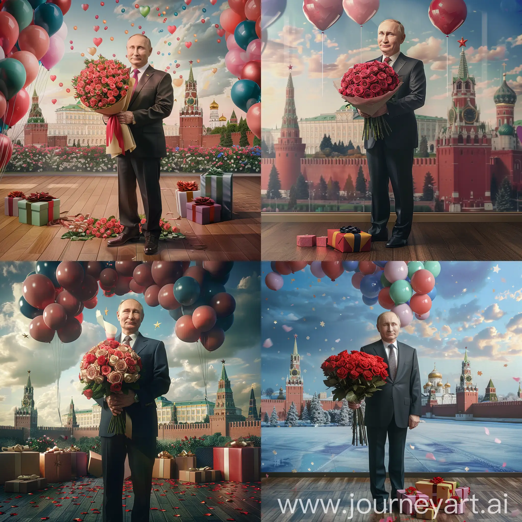 Владимир Путин стоит с букетом 101 роза, задний фон кремль, в полный рост, крупный план, реалистично, супер детализация, острый фокус, 8к, высокое разрешение, подарки на полу, шарики упёрлись в потолок