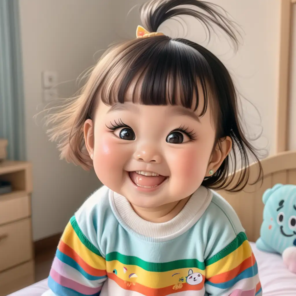 cute chubby Asian baby girl with big eyes and long eye lashes with short hair and bang , big smile with 2 small bottom teeth only showing, with 2 dimples on her cheek, wearing a long sleeves onesie with rainbow stripes