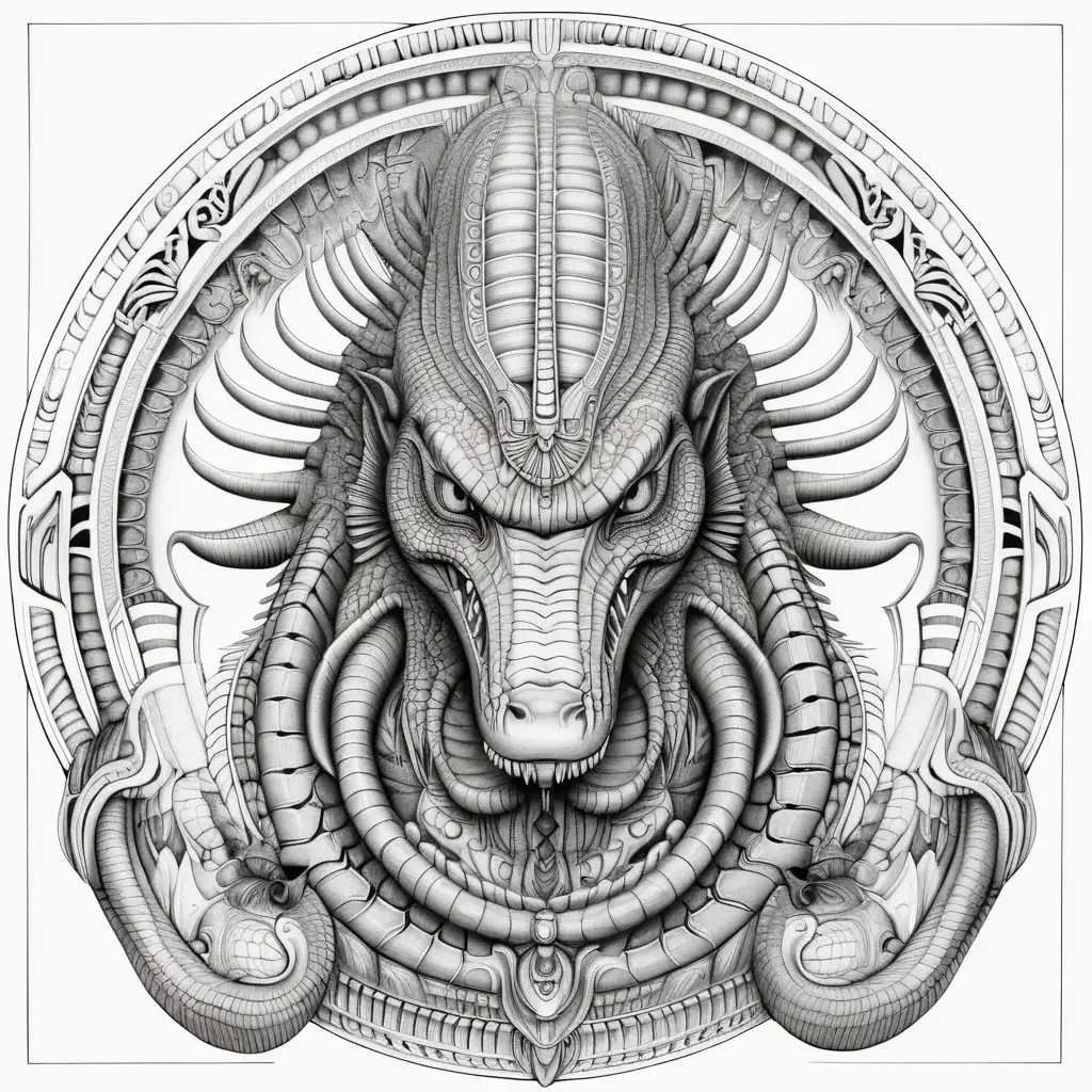 black & white, coloring page, white background, high details, symmetrical mandala, clear lines, egyptian crocodile god, in style of H.R Giger