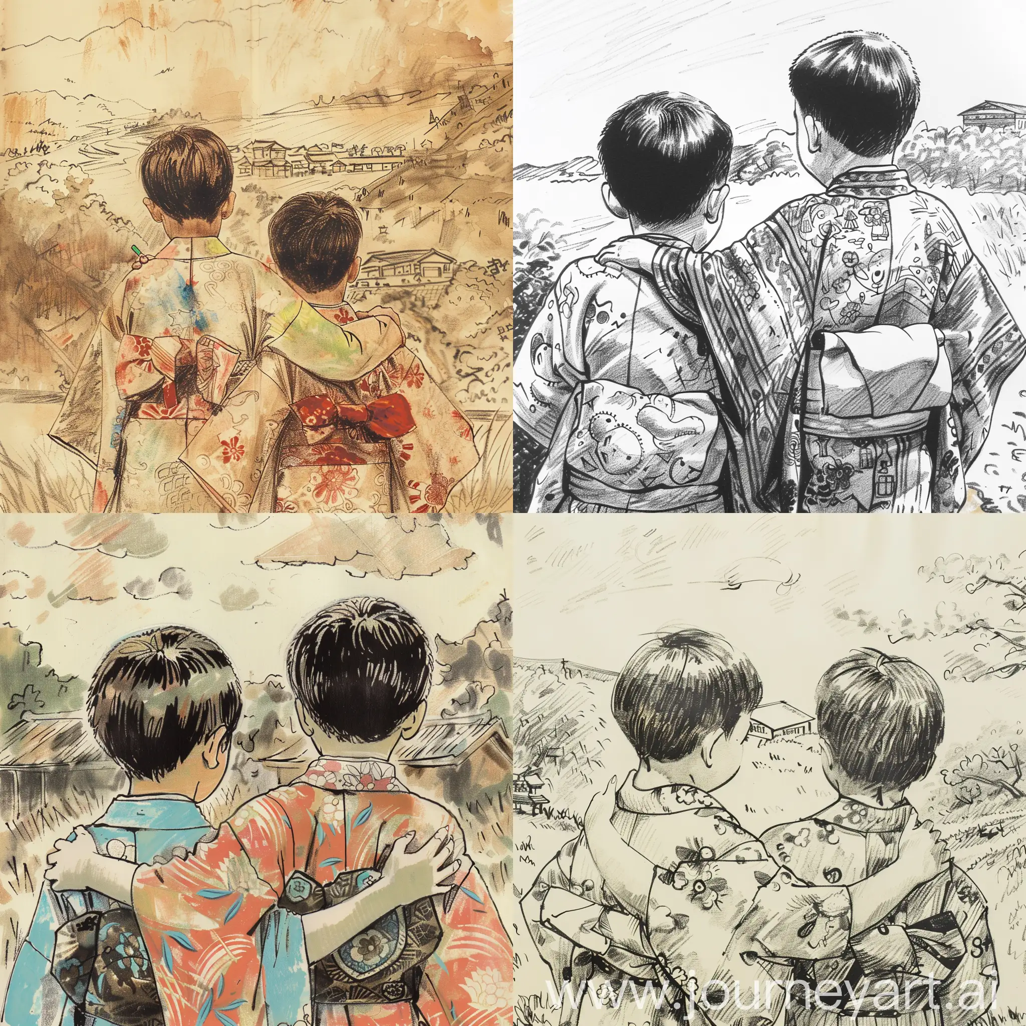 Two boys Japanese children wearing kimonos looking back ((with arms around each other's shoulders)) (close-up). Illustrated story Japan has a rich tradition of storytelling and whimsical illustrations. Create a collaborative story that incorporates elements of these artistic styles. A turbulent past and the tenacious spirit of the Japanese people. Patriotic Japan personified in a DVD still from 1930, directed by Shunso Hishida. preschool kids drawing, naive and unstrained touch of crayons scribbled, hand drawn, single lines scrawled aliens, backround japan rural blur