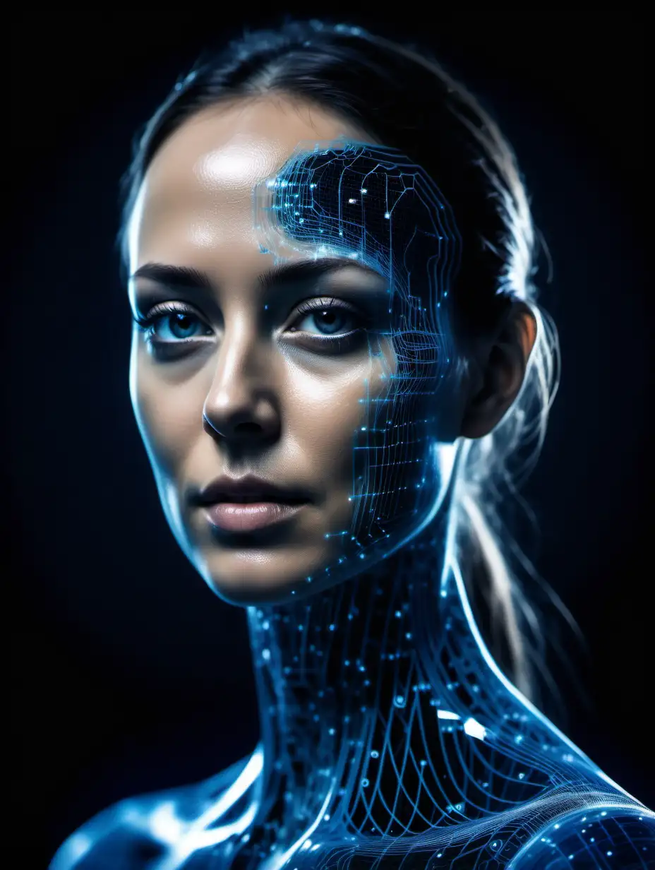 professional photo with slight reflection. dark background. dark blue high tech waves of neural network in bottom and double exposure nice woman 33years old human head half robot half human westworld style uhd 8k realistic detailed bit of matrix style full of dreams