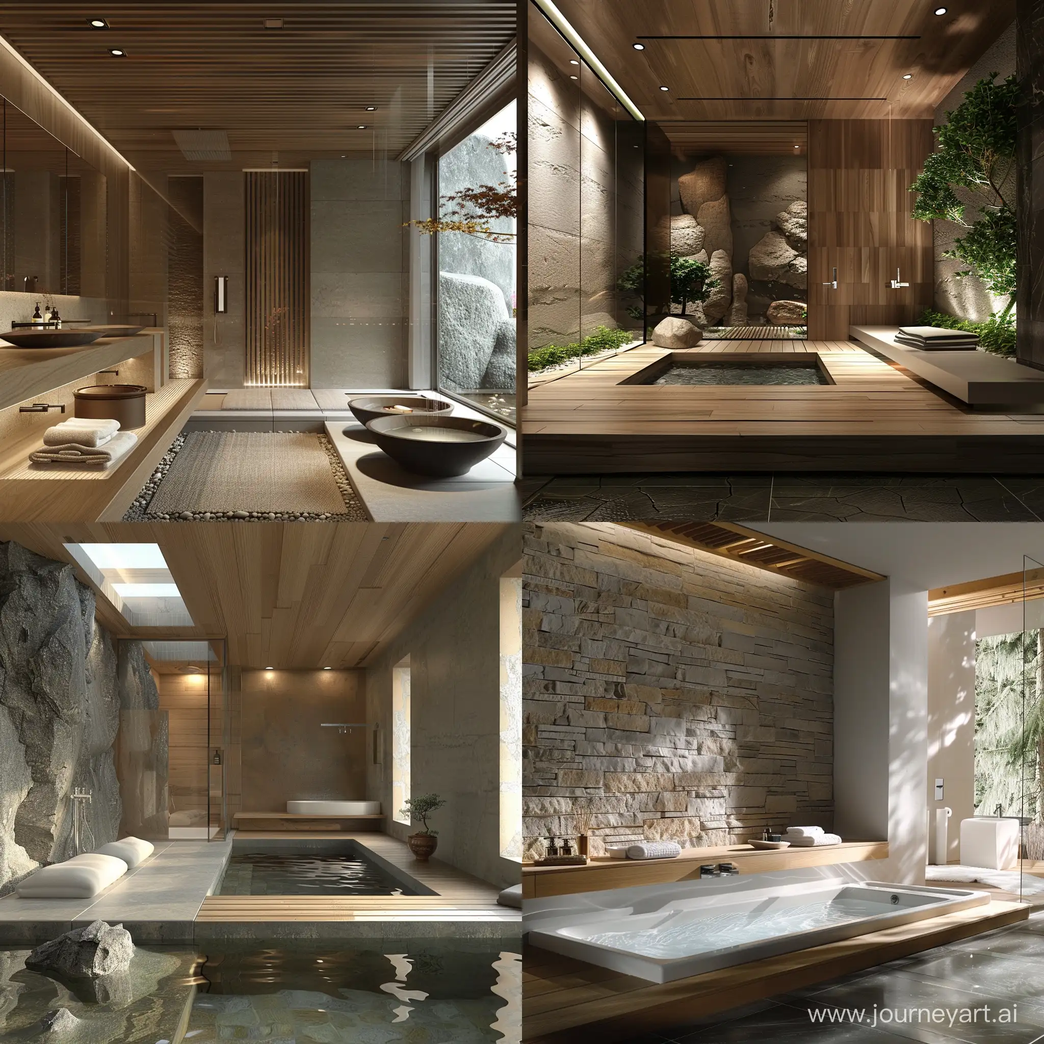 Interior design, a serene contemporary Zen bathroom with minimalist fixtures, natural wood elements, stone accents, and a tranquil atmosphere for video --v 6 --ar 1:1 --no 19323
