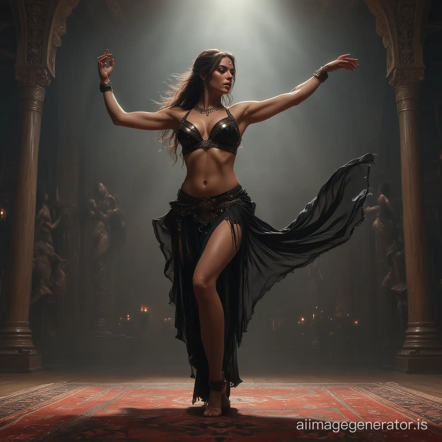 A woman performing a belly dance, full height, perfect composition, dynamic pose, intricate details, octane visualization, fashionable attractiveness on Artstation, artistic photography in 8K, photorealistic concept art, volumetric lighting, casting soft shadows, chiaroscuro effect, award-winning visual quality, canvas texture, oil, reminiscent of Raphael, Caravaggio's influence with Greg Rutkowski's talent, the uniqueness of Bipla, the complexity of Beksinski, Giger