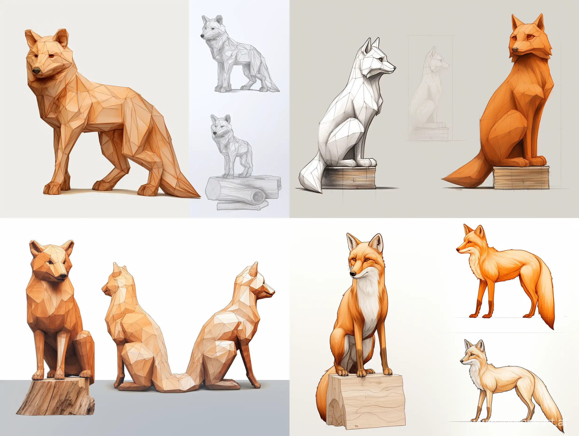Professional sketch for wooden sculpture, a full-length fox in profile on a large wooden cube, professional dynamic character, front back view and side view, wood carving, white background, 8k Render, ultra realistic