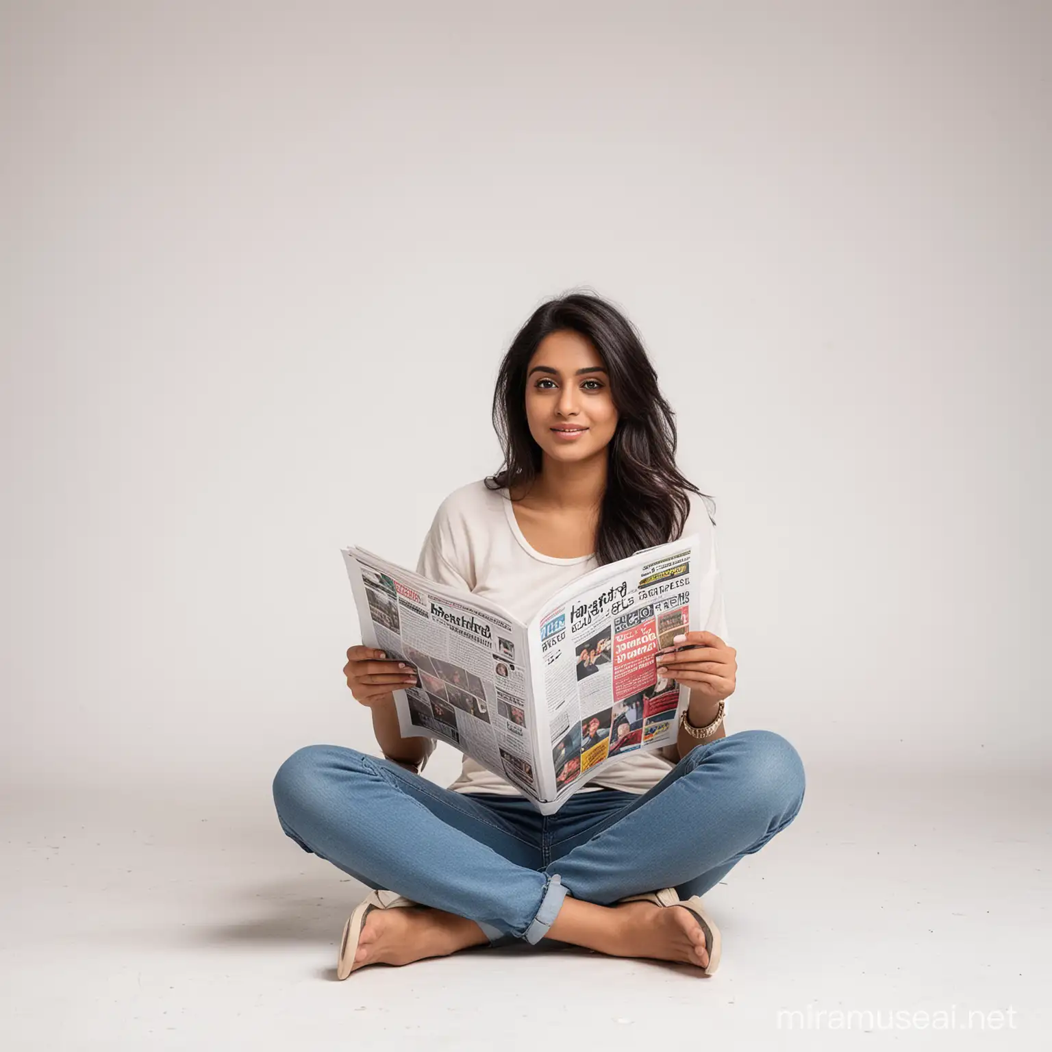 A young modern Indian women sitting and reading tabloid magazine front view high resolution white background