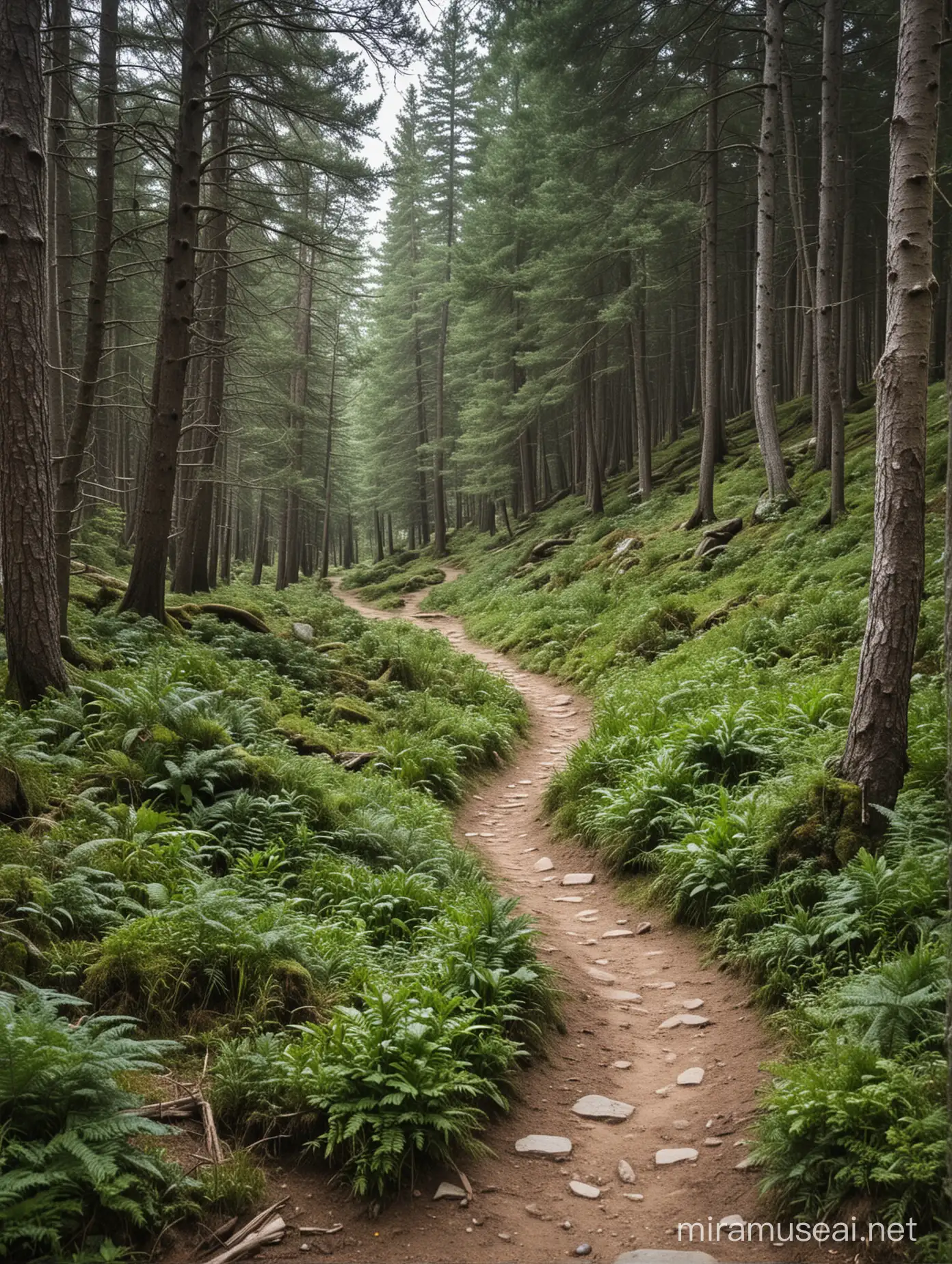A narrow dirt path winding through an alpine forest. 