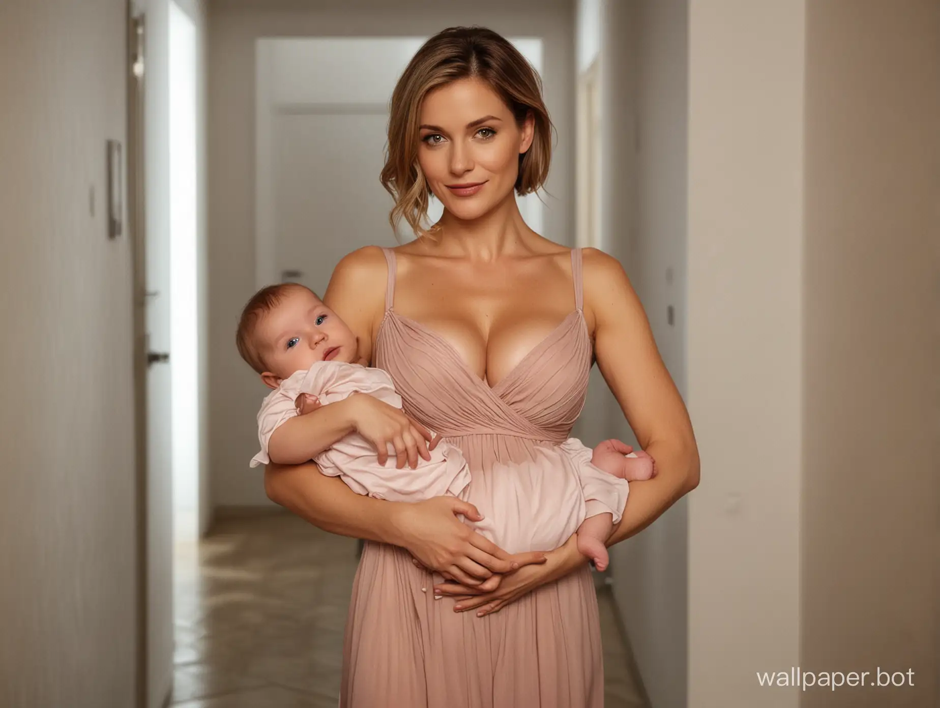 in a german hallway, a 30-years-old higly aroused mother holding her baby daughter in arms, standing in the entrance, showcasing her baby to the viewer. Split Leg Evening Dress. very seductive and very lustful facial expression. getting a climax. supermodel figure, narrow cheekbones. show full body. erotic atmosphere. daytime, bright light coming from front. very short dark blonde hair. photorealistic.
