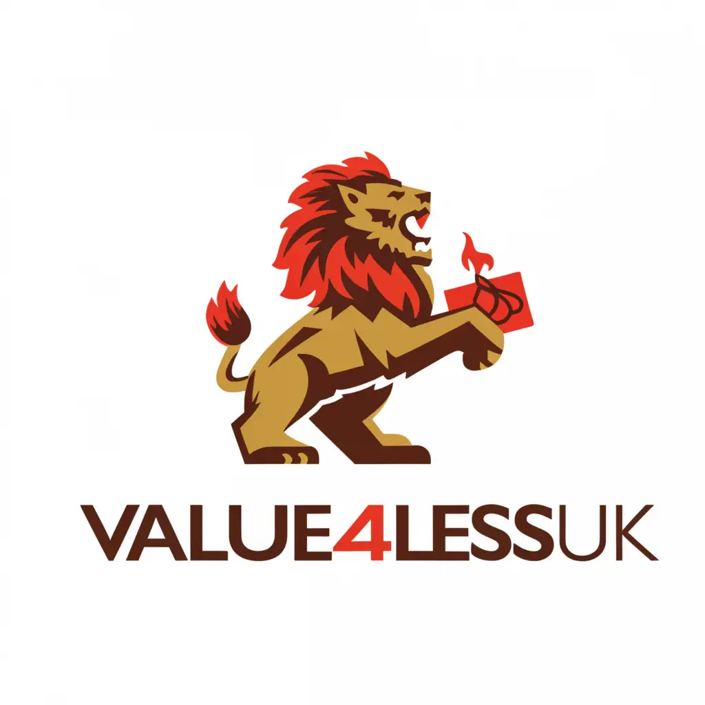 a logo design,with the text "Value4LessUK, Parcel, Discounted prices, UK, eBay shop", main symbol:English Lion, price tag burning, percentage,Moderate,be used in Retail industry,clear background