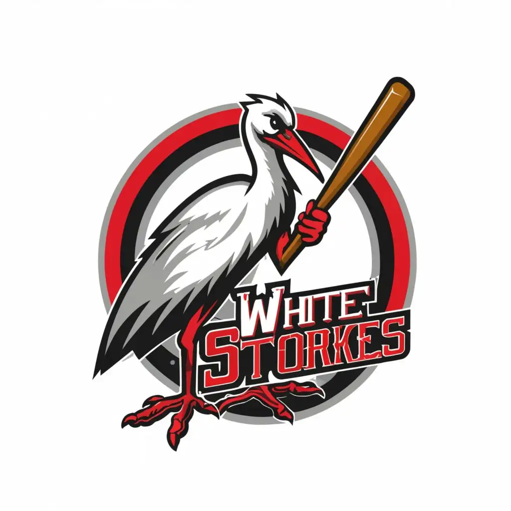 LOGO-Design-for-White-Storks-Bold-Baseball-Bat-and-OwlWing-Theme-with-Red-and-Yellow-Accents