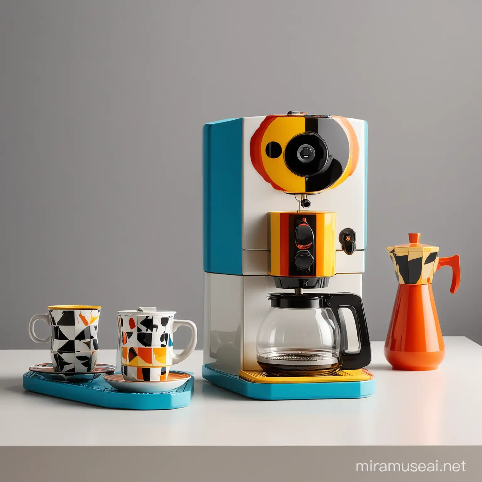 Colorful Modern Coffee Maker with Memphis Style Accessories