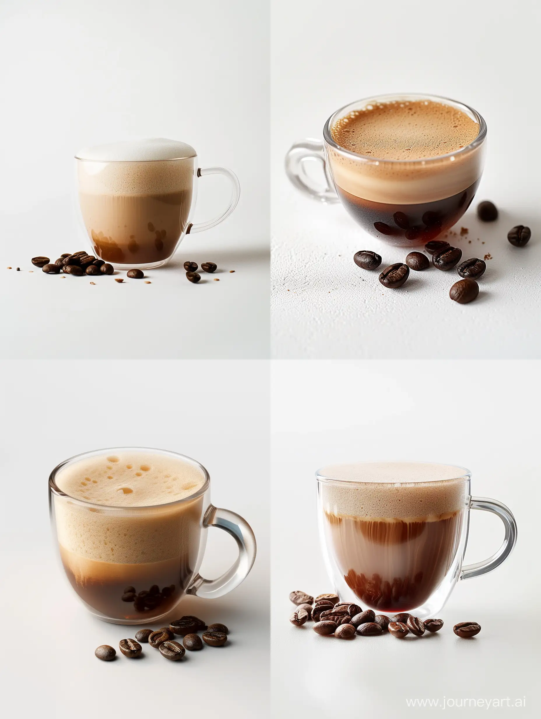 Transparent-Coffee-Cup-with-Foam-and-Coffee-Beans-on-a-White-Background