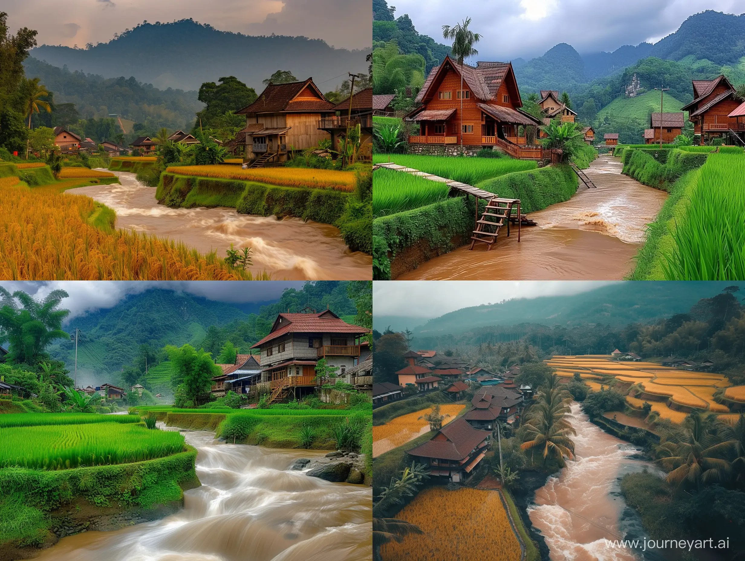 beautiful view of rice fields and houses near the mountains with flowing rivers, brown color, brown vibe,