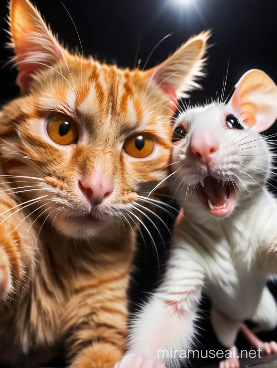 Orange cat and rat taking a selfie together, 3rd person point of view