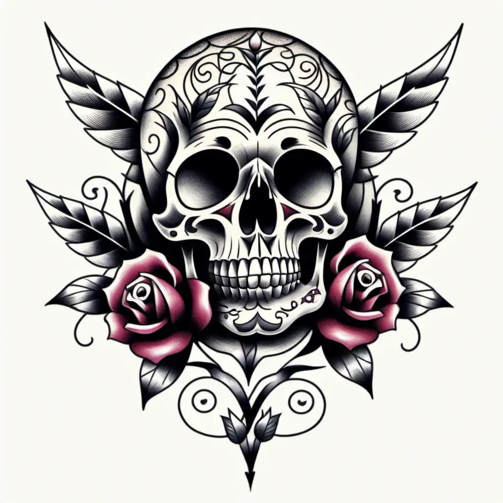 Oldschool Tattoo Design , Pattern, skull, Rose, white backround, 
