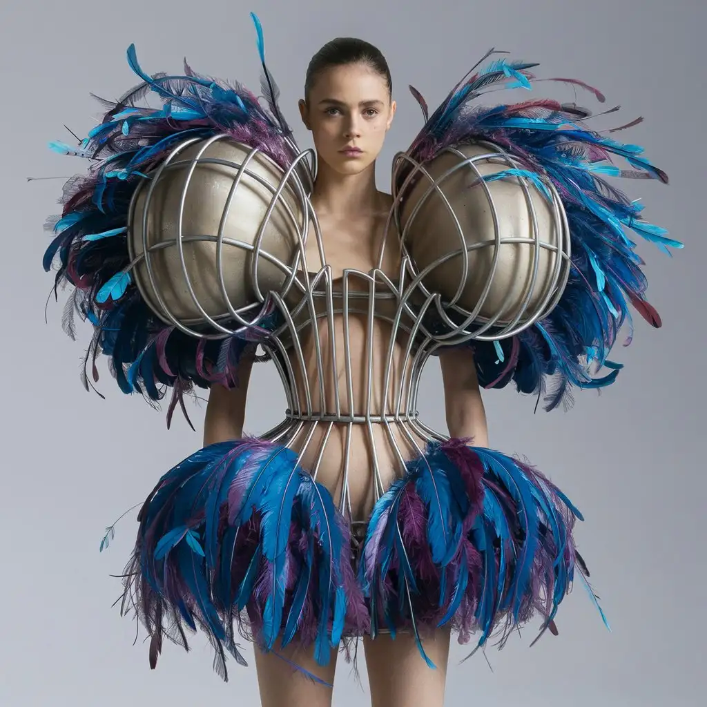create an avant garde wearable art inspired by structural voluminous in some part of body and feathers look 