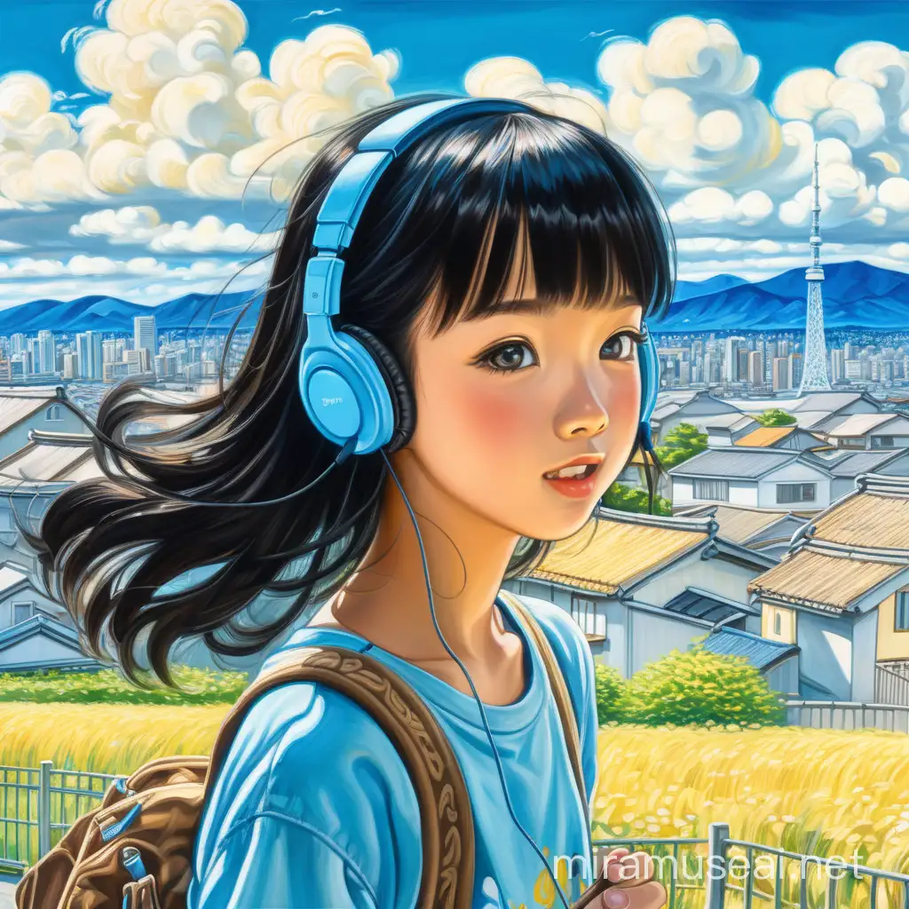 Overview, one cute Asian teenager, black hair, her hair is moving because of winds, the style is girl next door, her mouth is wide open, walking, listening to music using an earphone, the atmosphere is fun and joyful, pov, the background is city at Japan, the sky is blue and clear clouds. Summer, Painting, Vincent Van Gogh art style, Landscape. Best quality.
