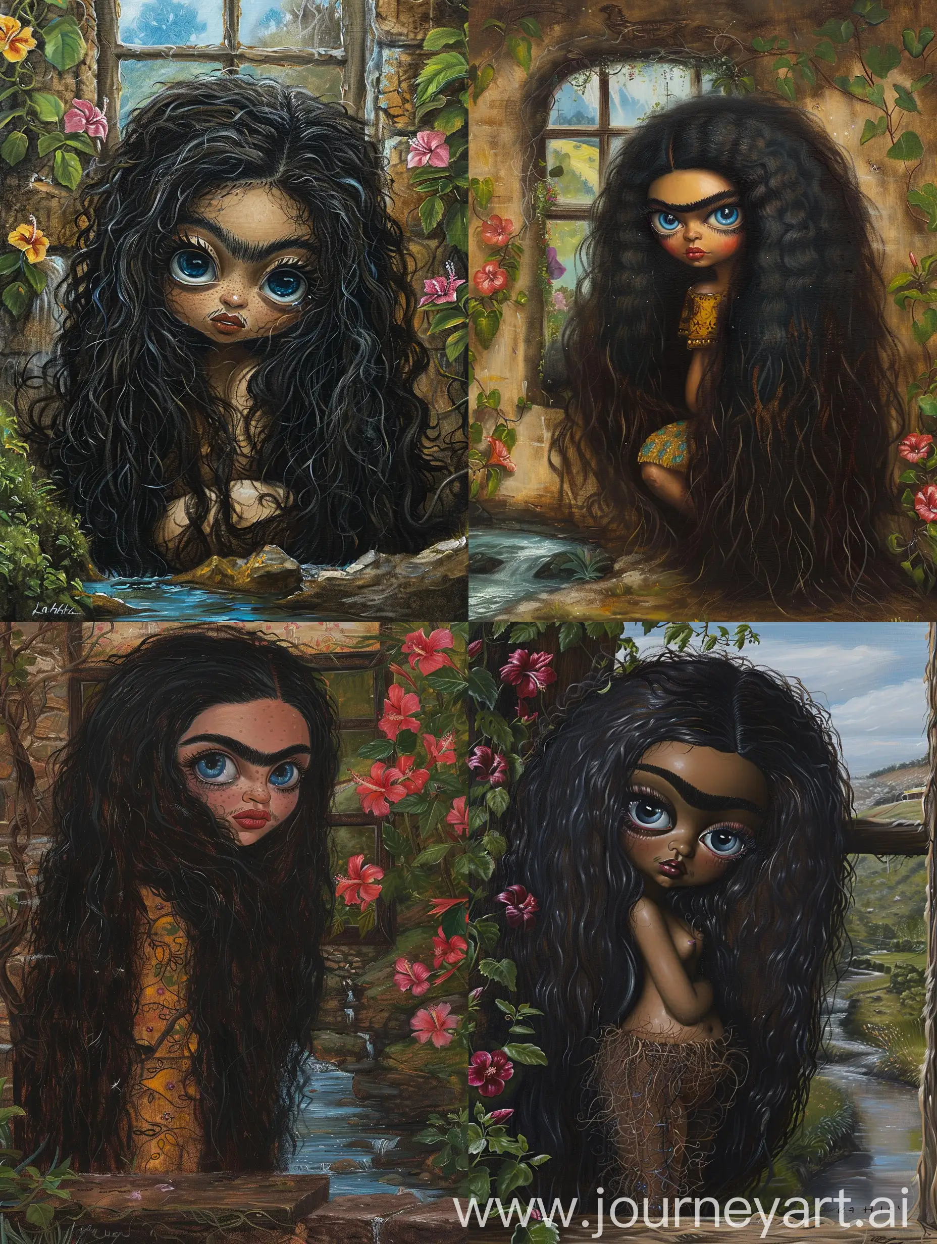 Kahlo detailed oil painting of long FLOWING hair hairy dark-skinned royal Kenyan pretty princess near a window with hibiscus looking at a creek, showing lots of very thick dark hairy hairy hair, front view, hairy stomach hair, with very hairy thick eyebrows with big bright BLUE eyes