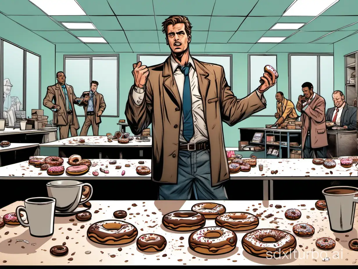 In break room with a messy table, empty coffee cups scattered around American guy Detective Smith stands triumphantly holding the missing doughnut.