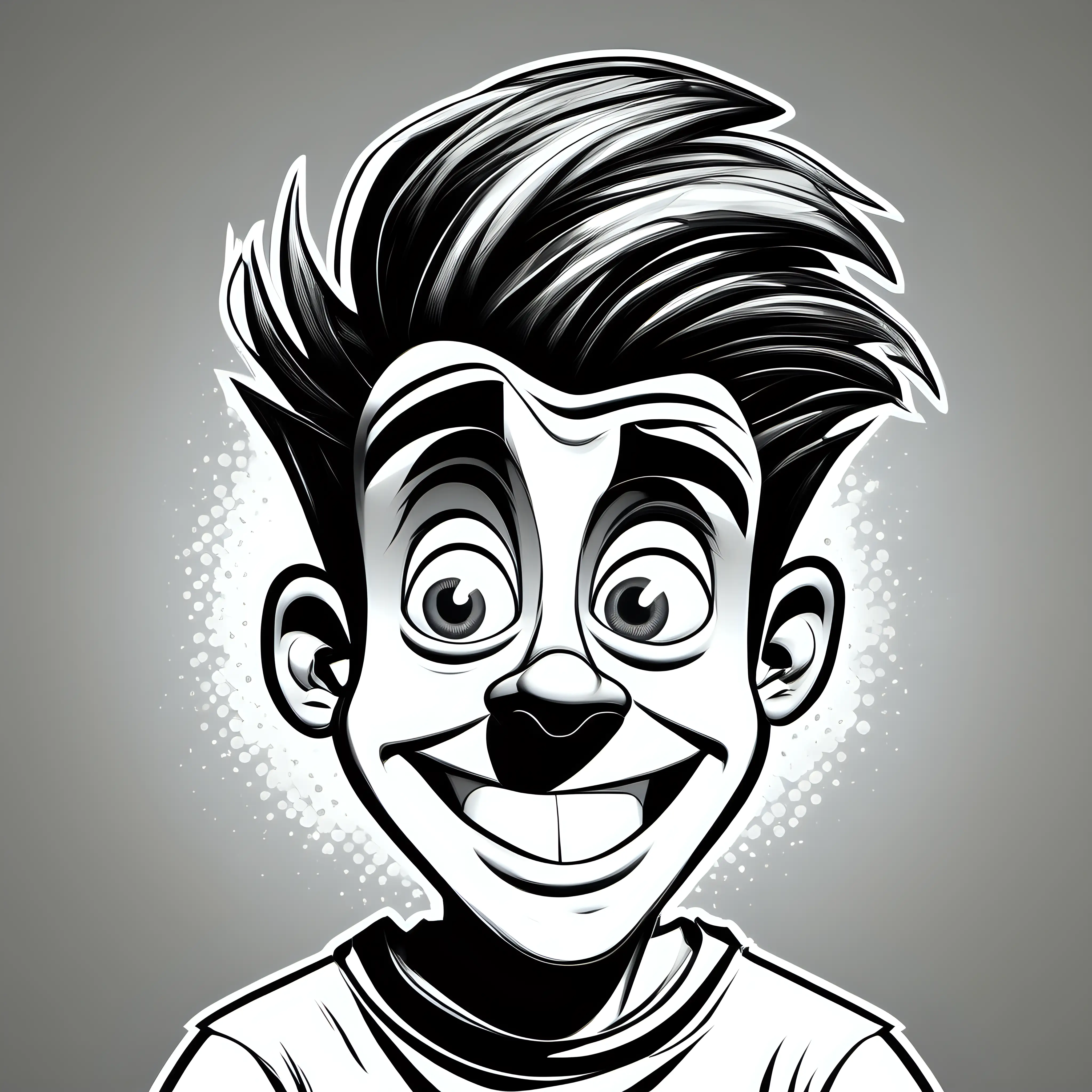Young Man in the style of iconic pop culture caricatures, silly face, head, b&w, cartoon 